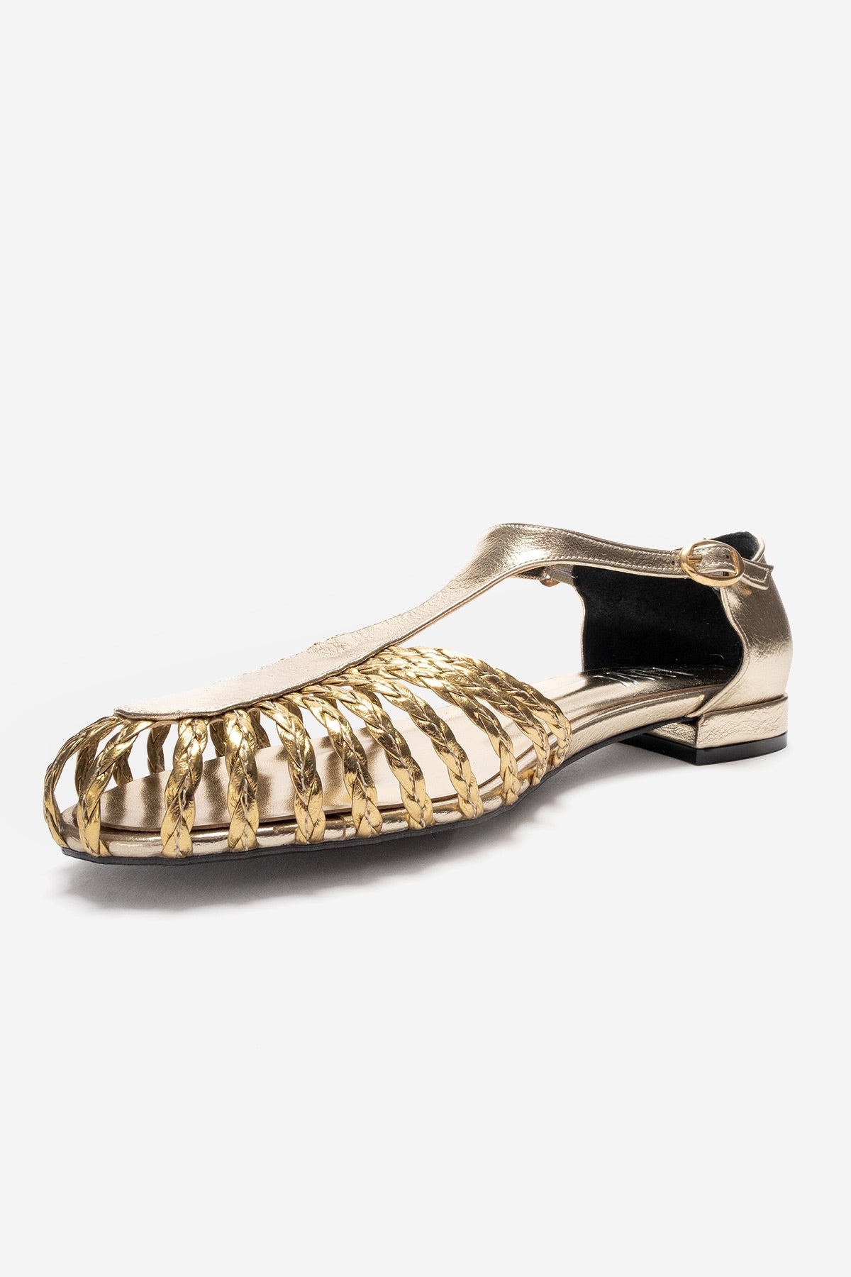 ONOS - Gold Woven Detail Sandal – heel view showing leather, metallic, gold, SimmiUnique