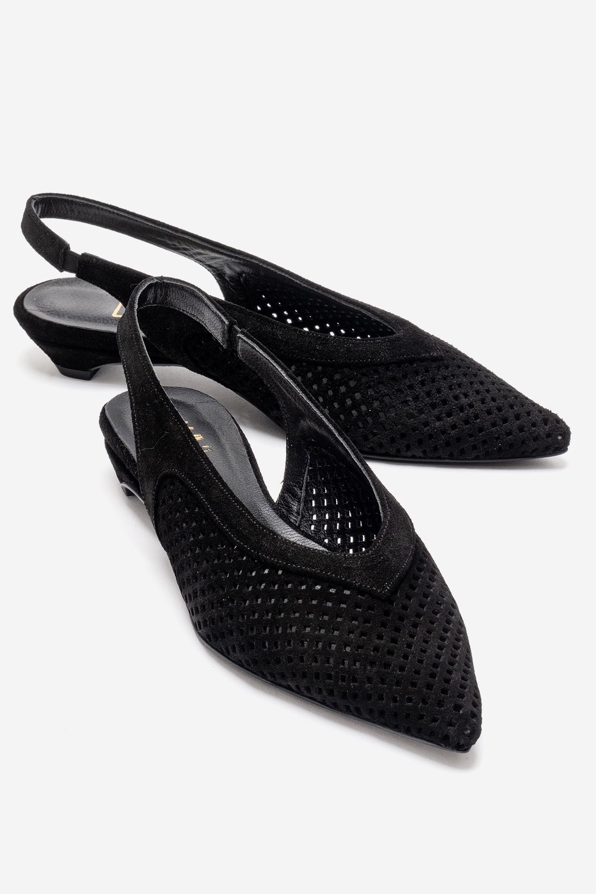 LIEVE - Black Genuine Leather Low Block Heel Shoe – front three-quarter view showing leather, suede, black, SimmiUnique