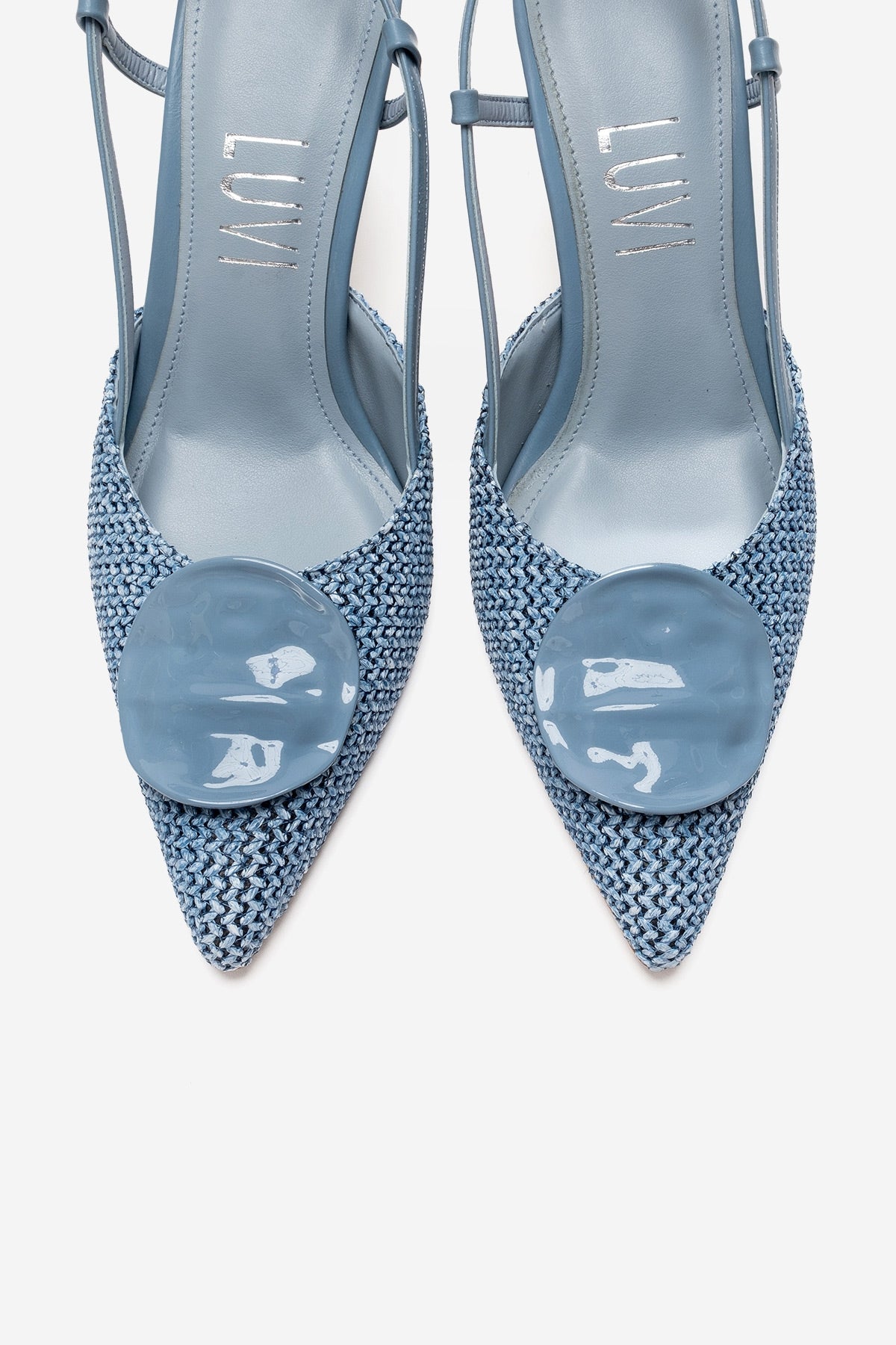 LEVIA - Blue Straw-Textured Accessory Stiletto Pump – side view showing leather, blue, red, SimmiUnique