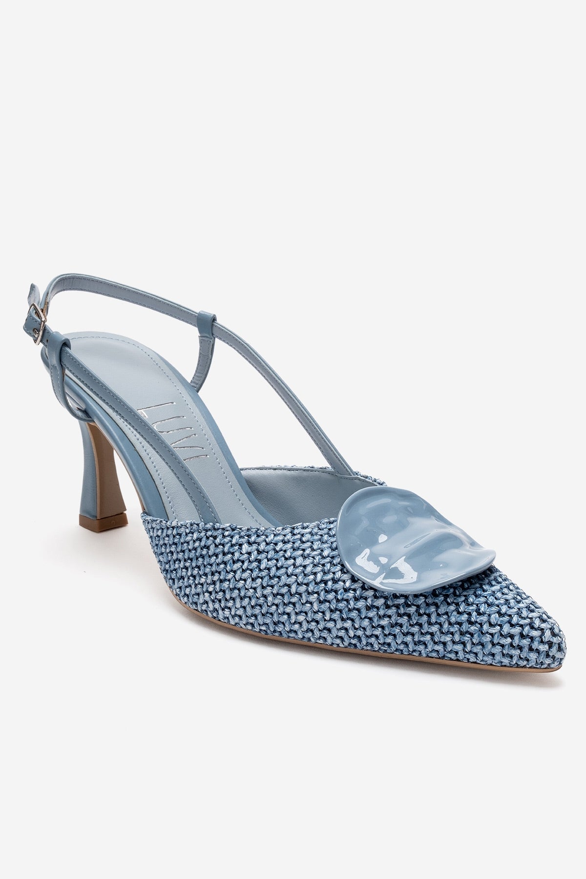 LEVIA - Blue Straw-Textured Accessory Stiletto Pump – detail view showing leather, blue, red, SimmiUnique