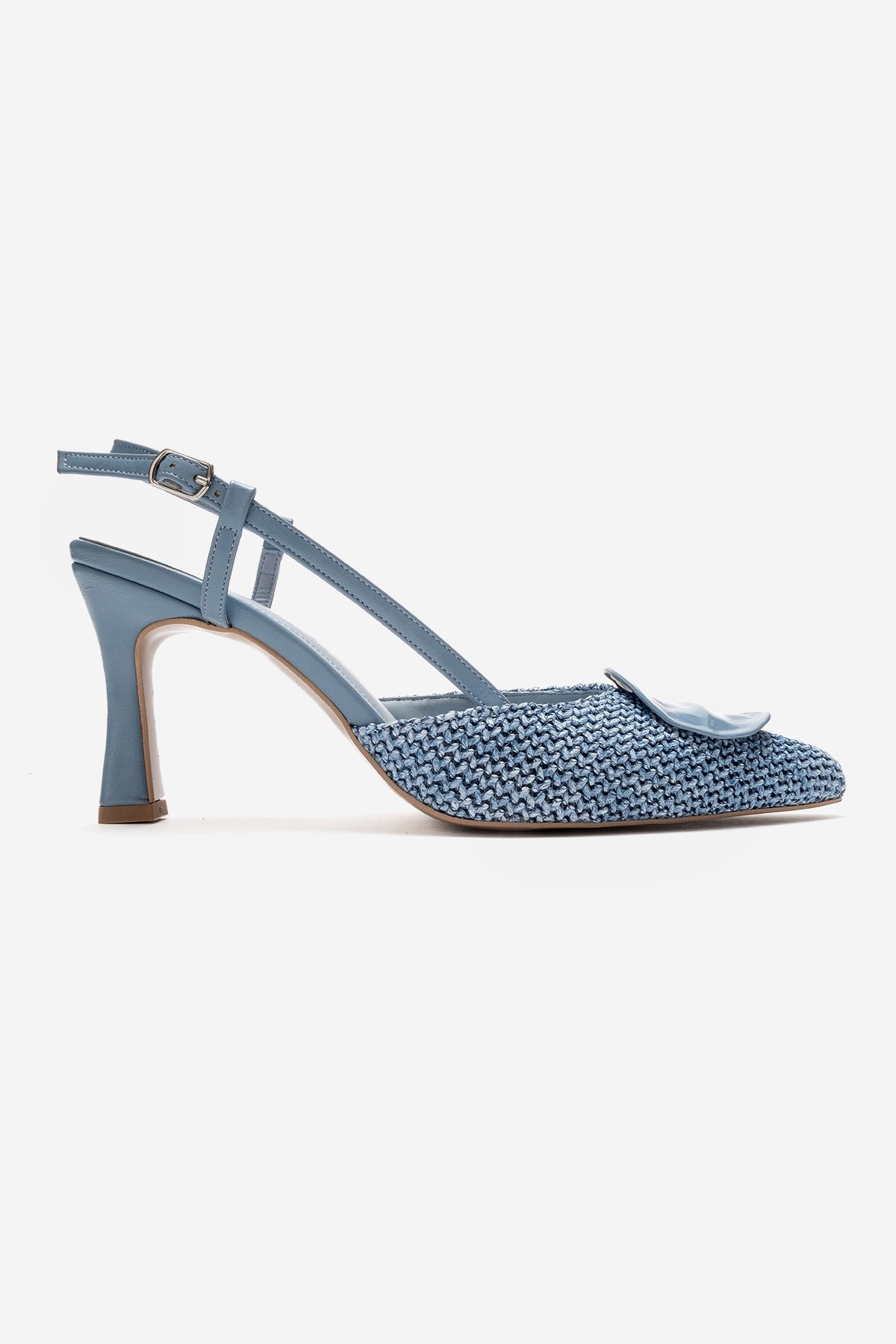 LEVIA - Blue Straw-Textured Accessory Stiletto Pump – top view showing leather, blue, red, SimmiUnique