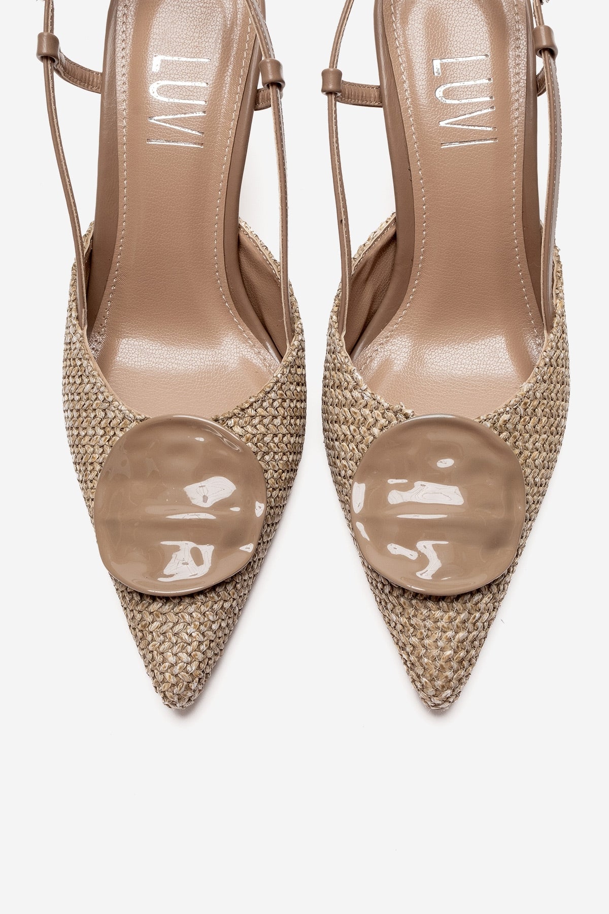 Levia - Taupe Woven-Textured Accessory-Detail Stiletto Heel Pump – side view showing leather, red, SimmiUnique
