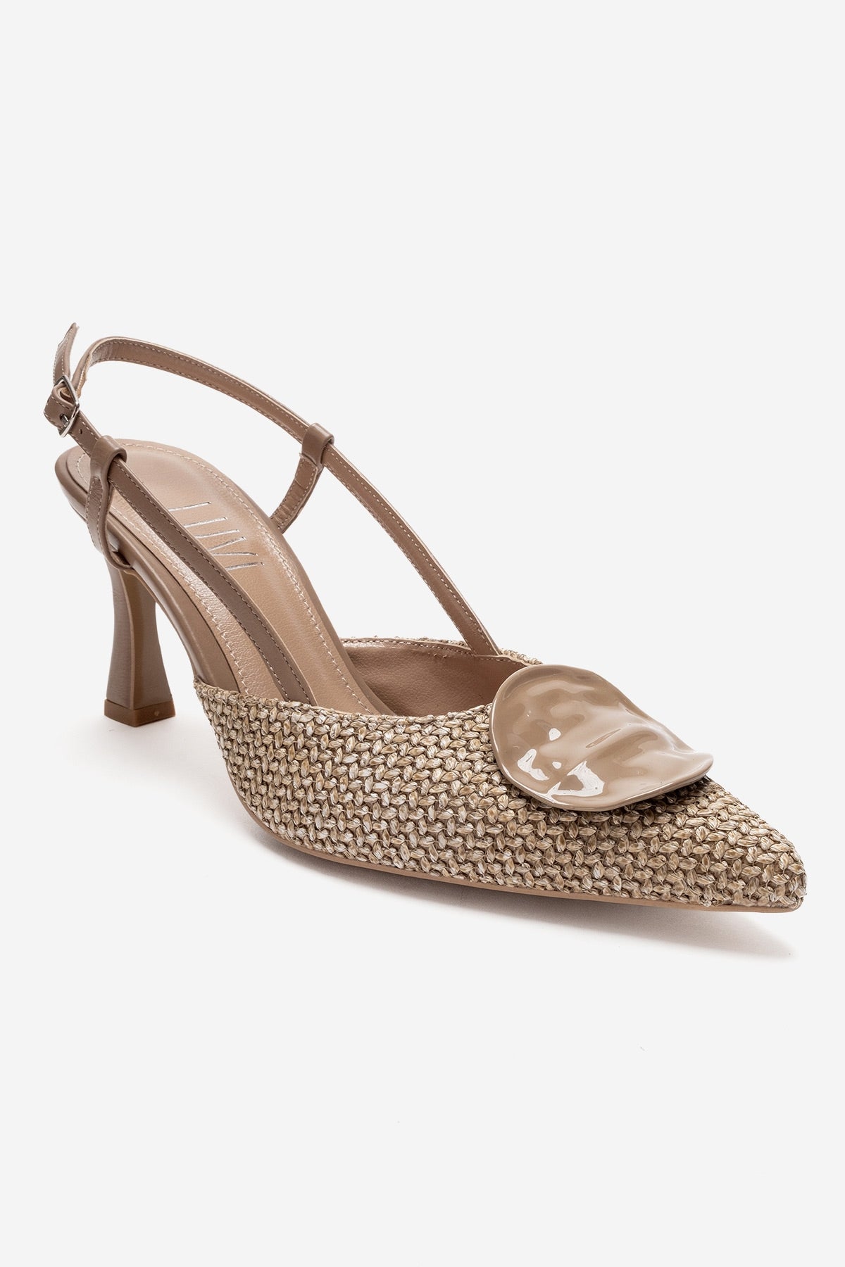 Levia - Taupe Woven-Textured Accessory-Detail Stiletto Heel Pump – detail view showing leather, red, SimmiUnique