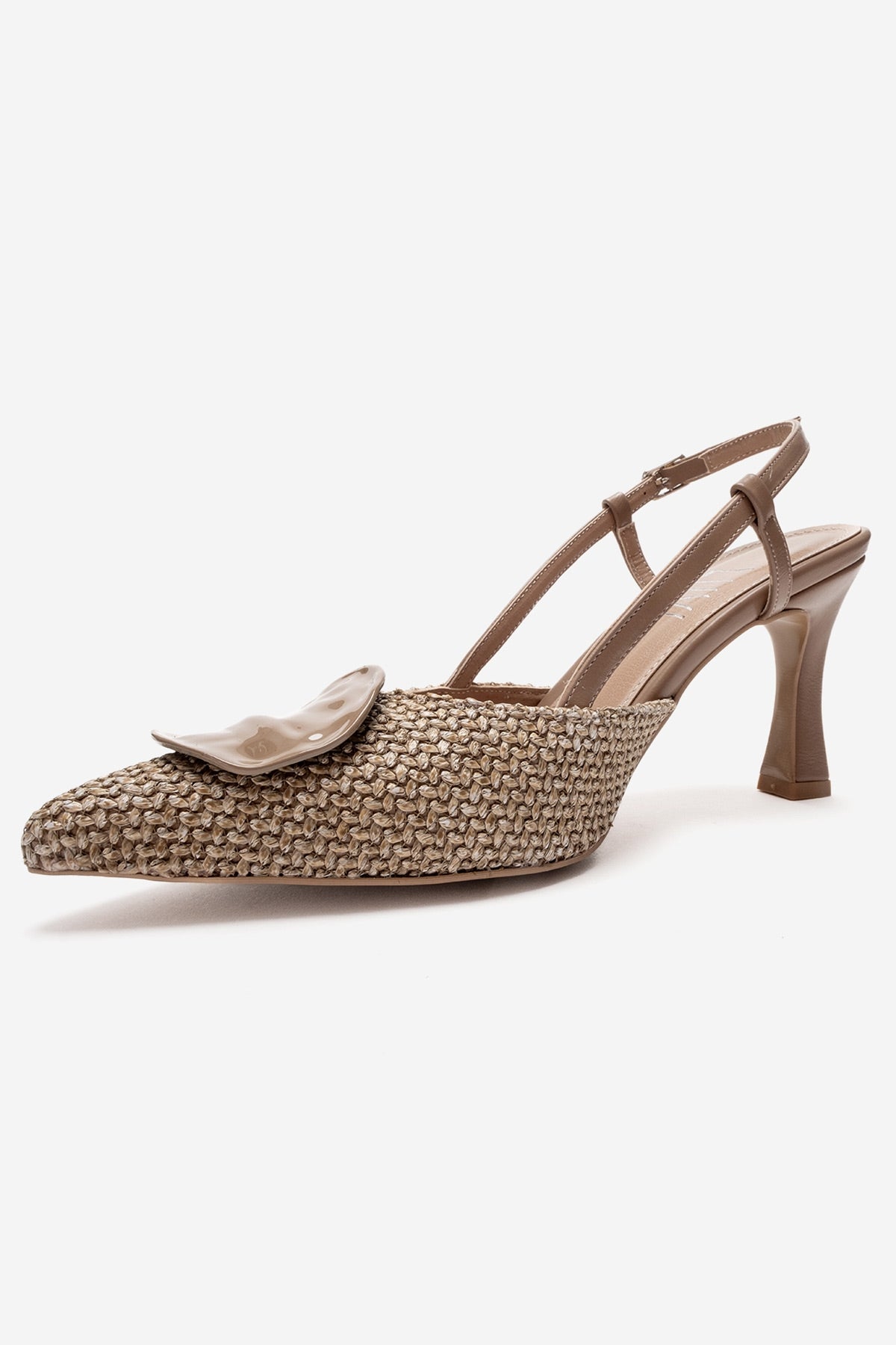 Levia - Taupe Woven-Textured Accessory-Detail Stiletto Heel Pump – heel view showing leather, red, SimmiUnique