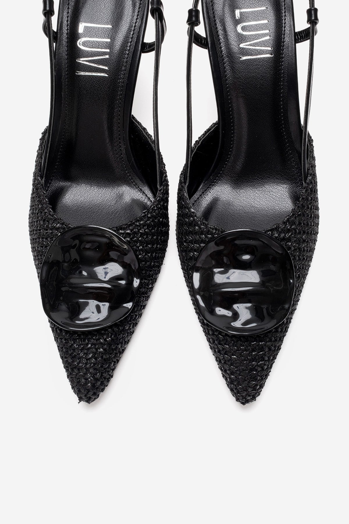 Levia - Black Woven-Textured Accessory-Detail Stiletto Heel Pump – side view showing leather, black, red, SimmiUnique