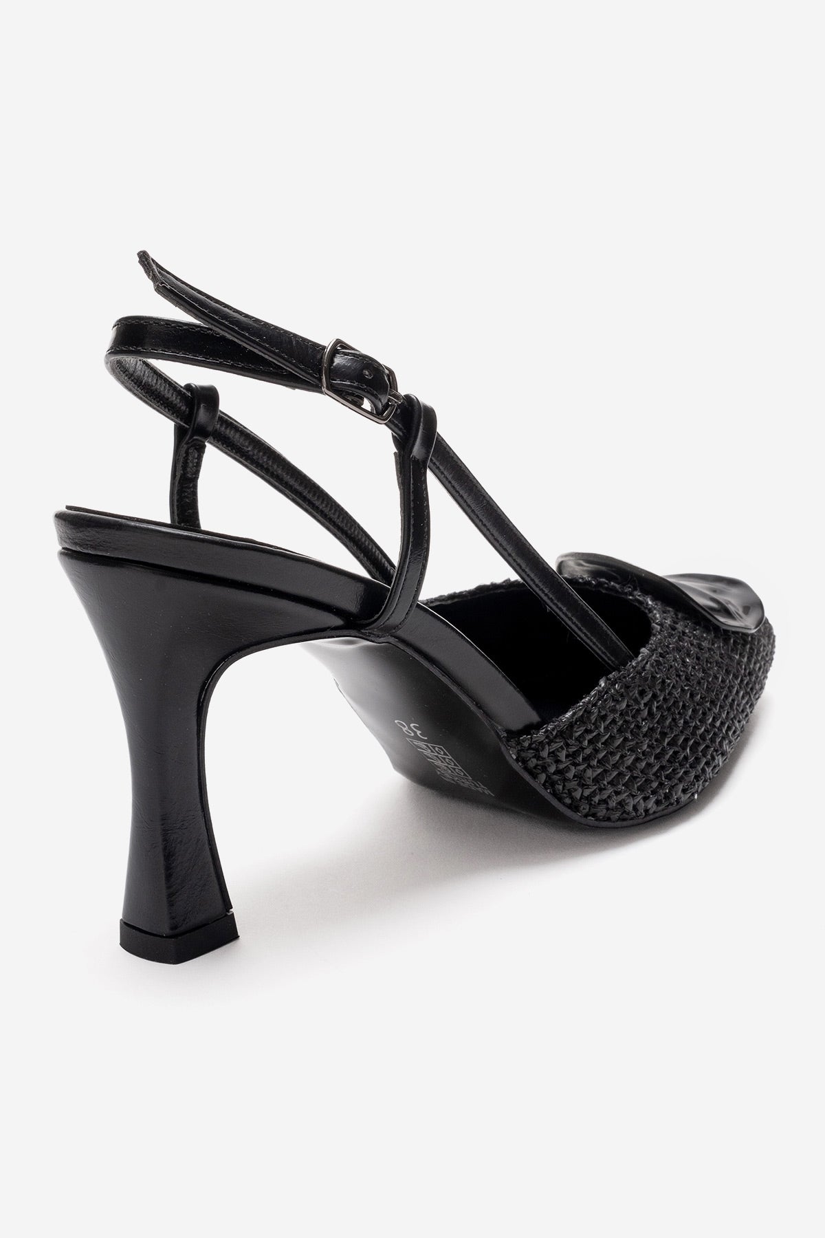 Levia - Black Woven-Textured Accessory-Detail Stiletto Heel Pump – back view showing leather, black, red, SimmiUnique