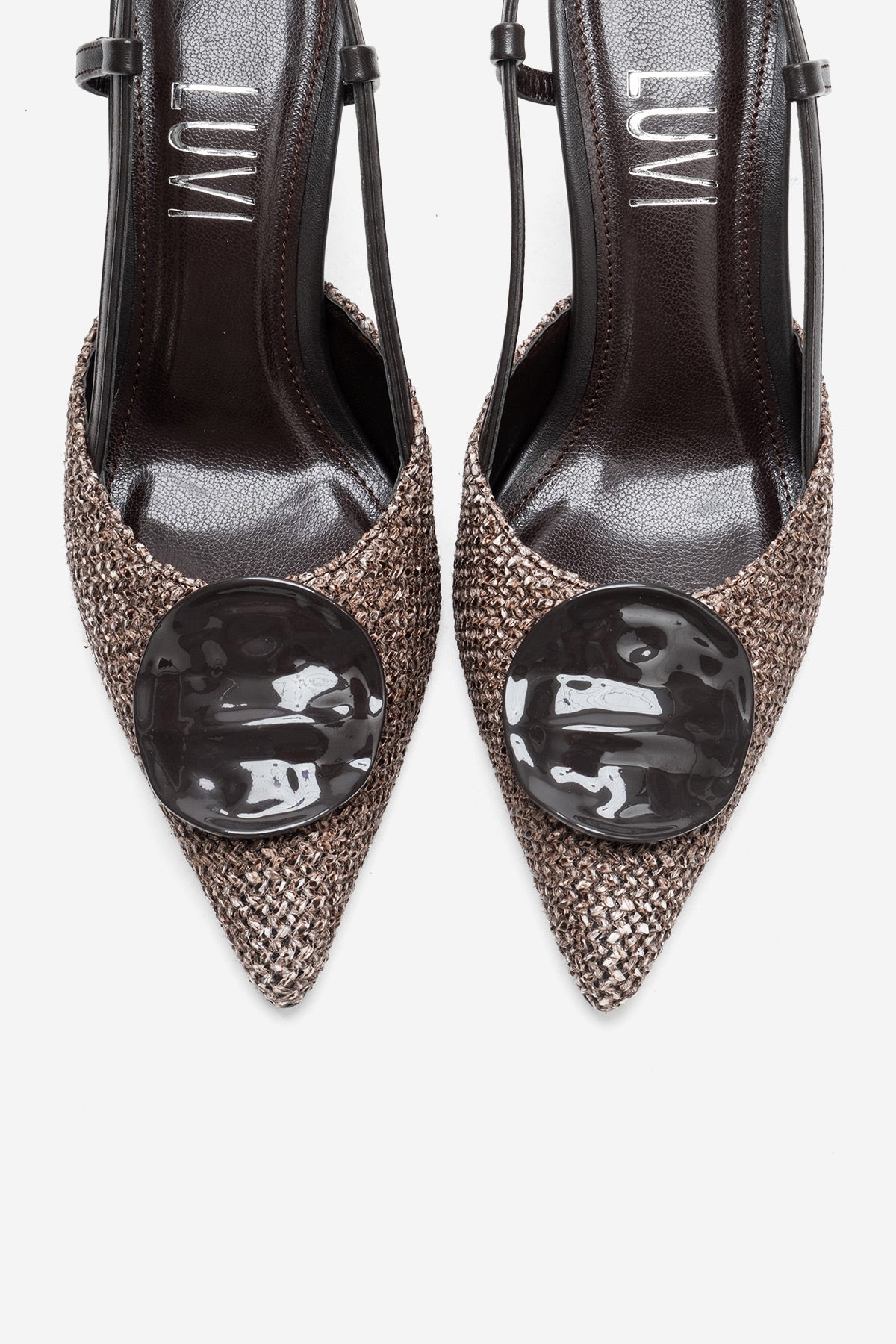 Levia - Brown Woven-Textured Accessory-Detail Stiletto Heel Pump – side view showing leather, red, SimmiUnique
