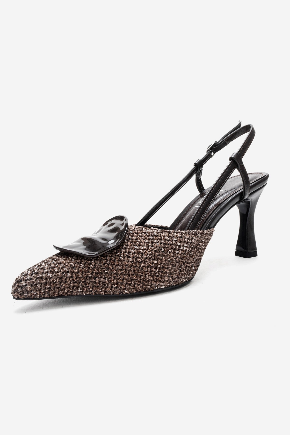 Levia - Brown Woven-Textured Accessory-Detail Stiletto Heel Pump – heel view showing leather, red, SimmiUnique