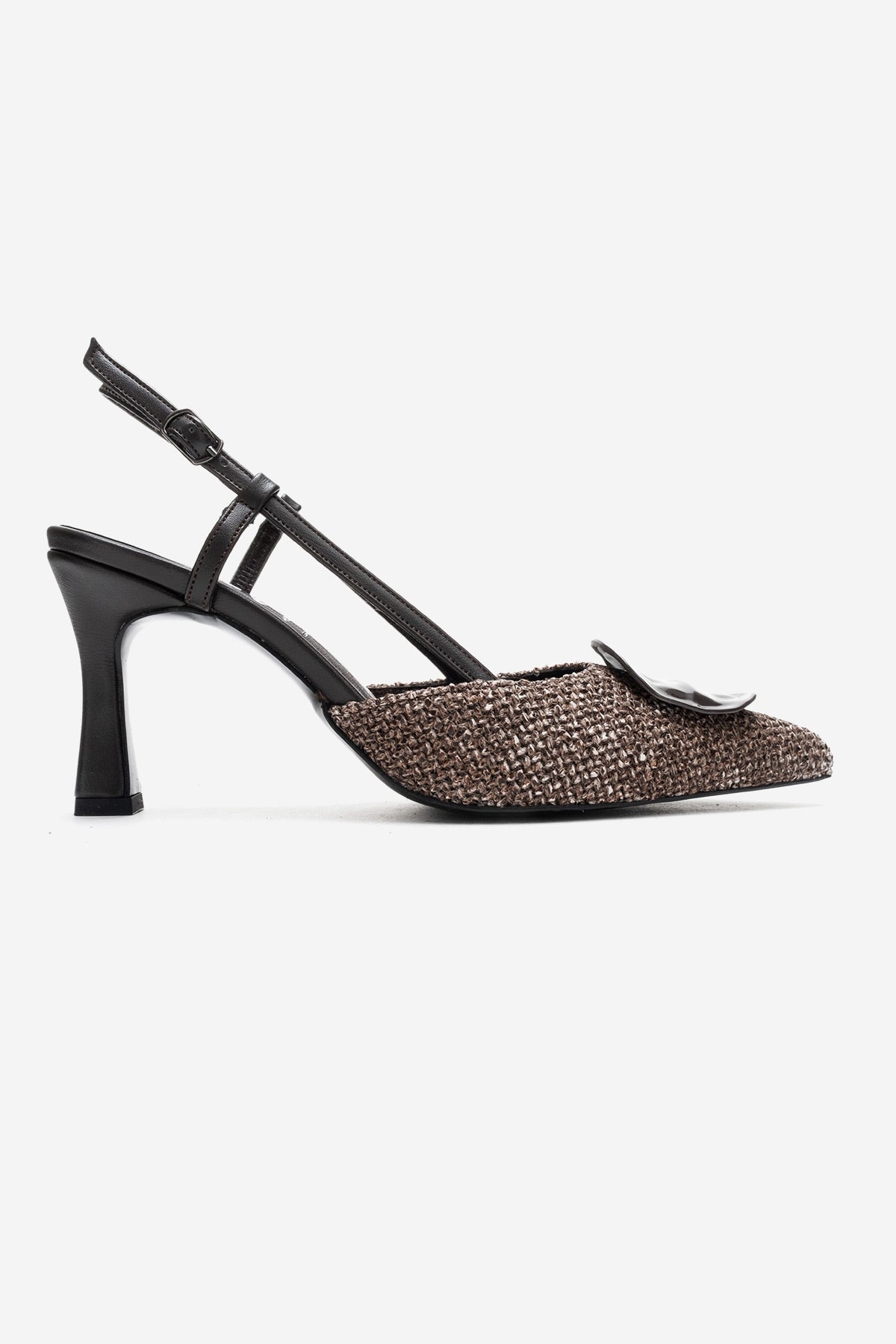 Levia - Brown Woven-Textured Accessory-Detail Stiletto Heel Pump – top view showing leather, red, SimmiUnique