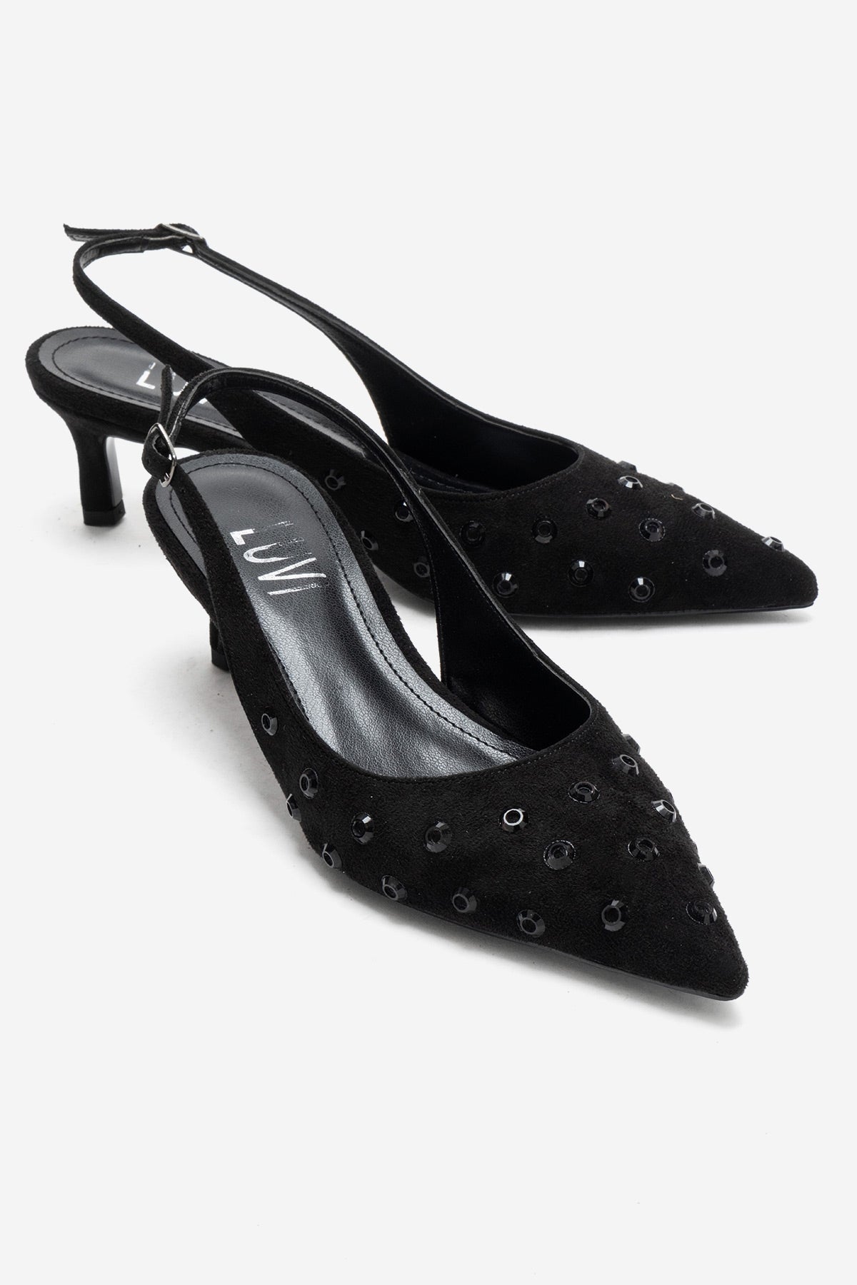Lorex - Black Suede Embellished Stiletto Heel Pump – front three-quarter view showing leather, suede, black, SimmiUnique