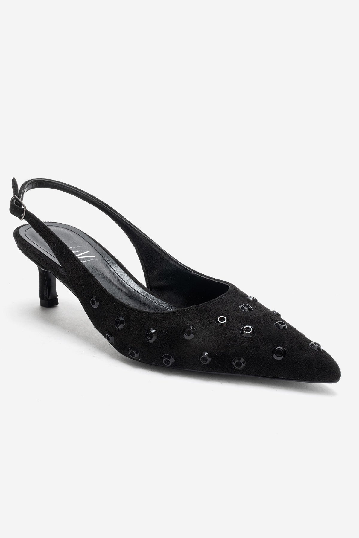 Lorex - Black Suede Embellished Stiletto Heel Pump – detail view showing leather, suede, black, SimmiUnique