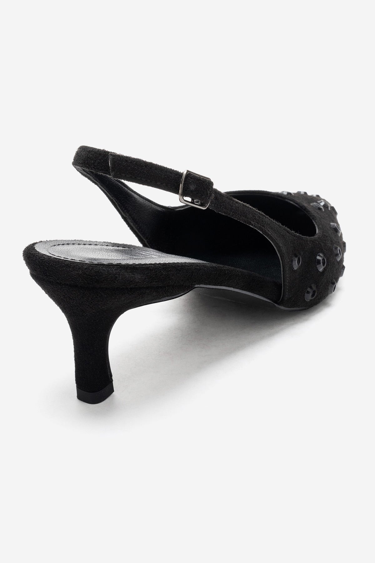 Lorex - Black Suede Embellished Stiletto Heel Pump – back view showing leather, suede, black, SimmiUnique