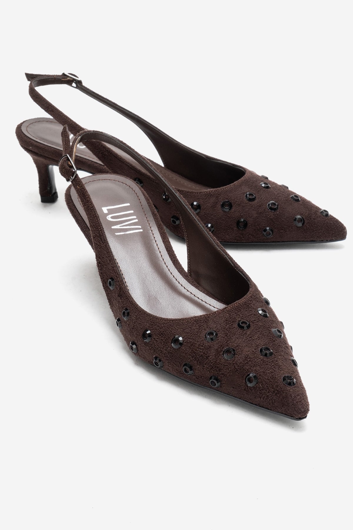 Lorex - Brown Suede Embellished Stiletto Heel Pump – front three-quarter view showing leather, suede, SimmiUnique