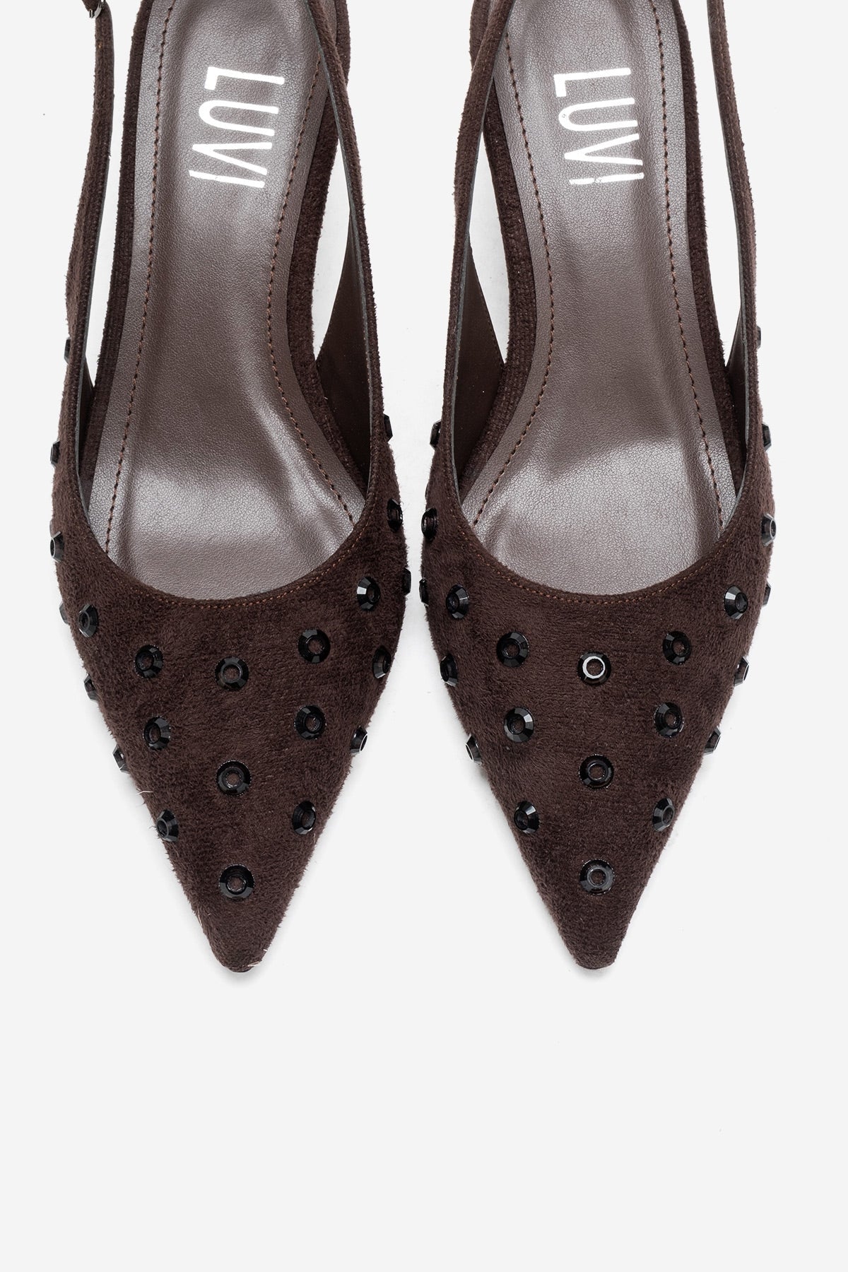 Lorex - Brown Suede Embellished Stiletto Heel Pump – side view showing leather, suede, SimmiUnique