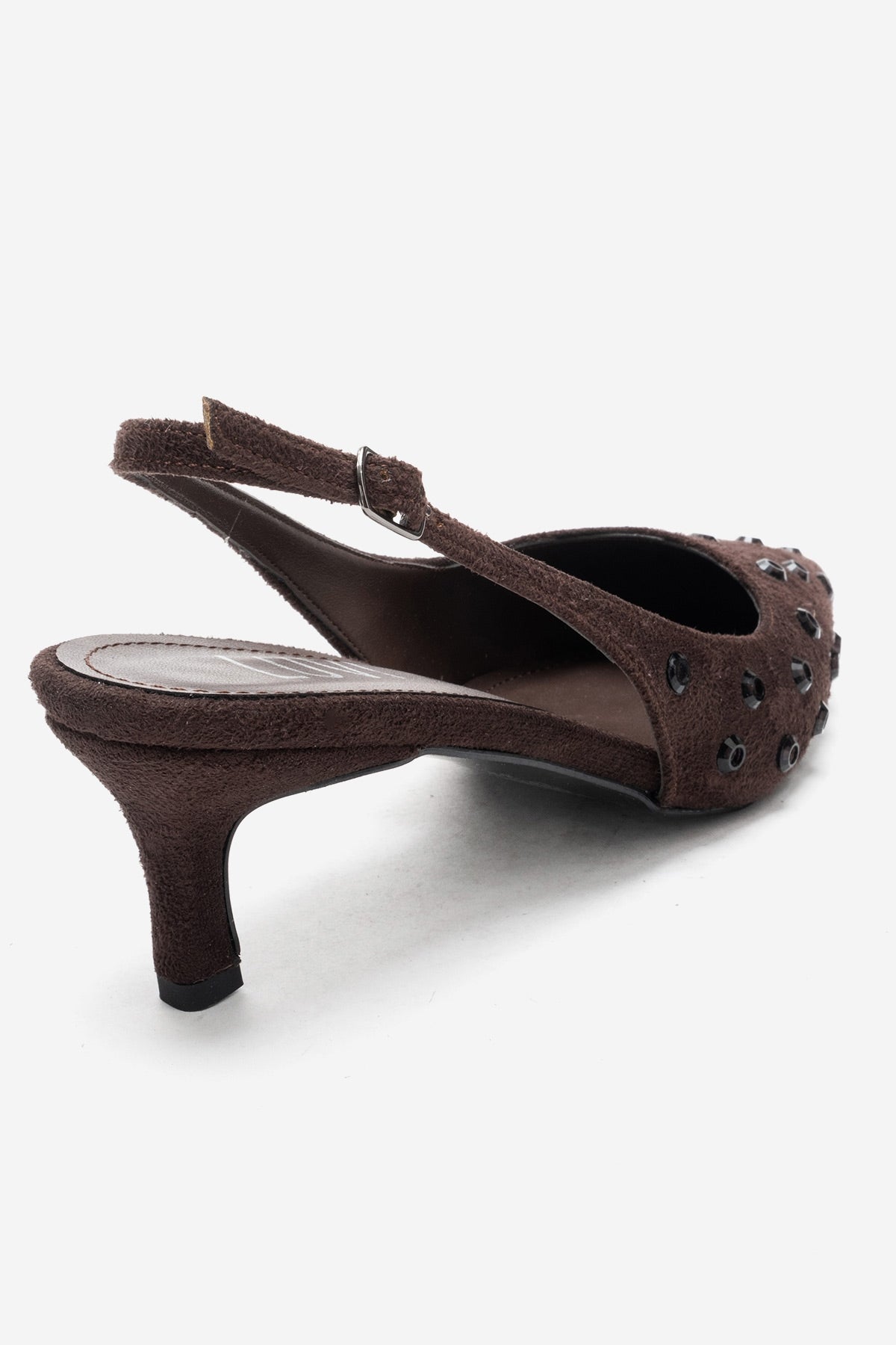 Lorex - Brown Suede Embellished Stiletto Heel Pump – heel view showing leather, suede, SimmiUnique