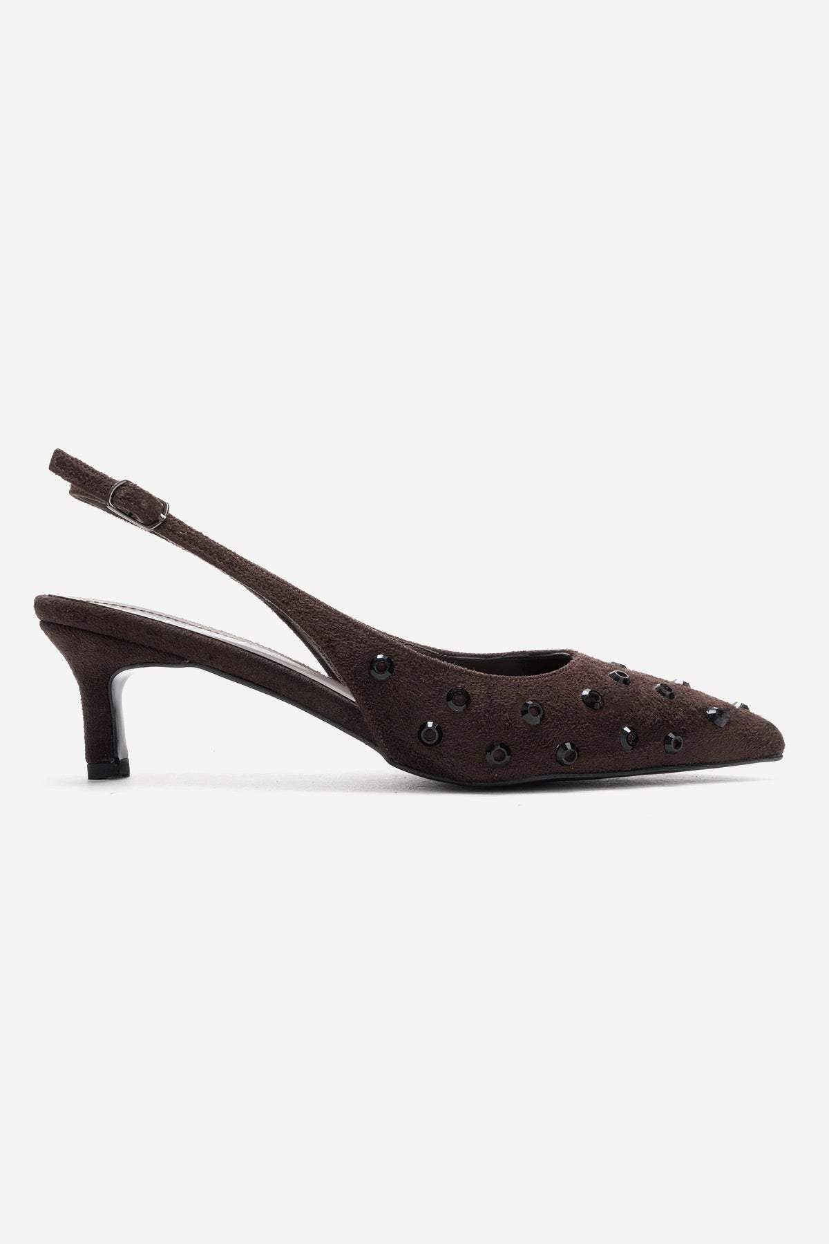 Lorex - Brown Suede Embellished Stiletto Heel Pump – back view showing leather, suede, SimmiUnique
