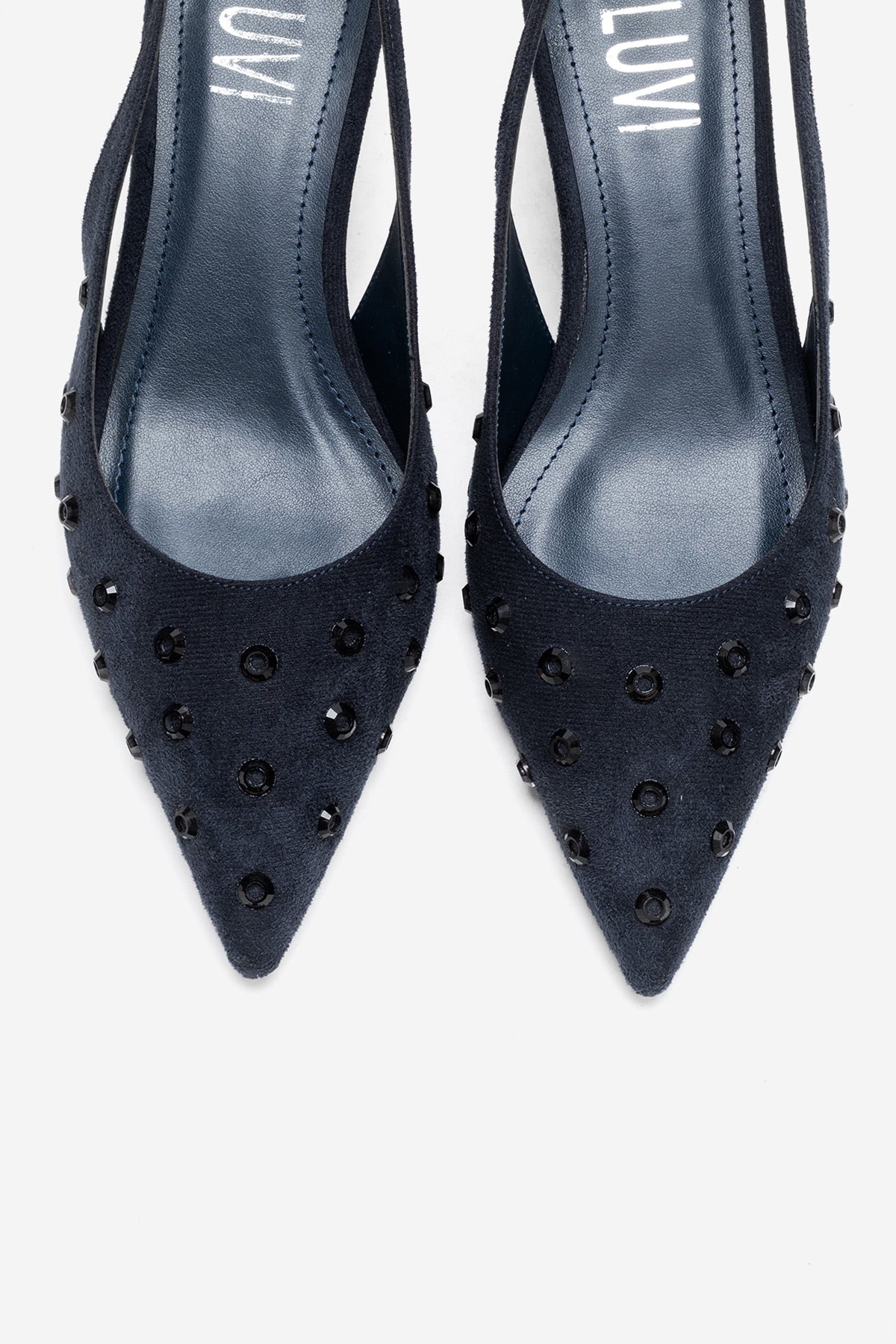 LOREX - Navy Stiletto Pump – side view showing crystal, leather, suede, SimmiUnique