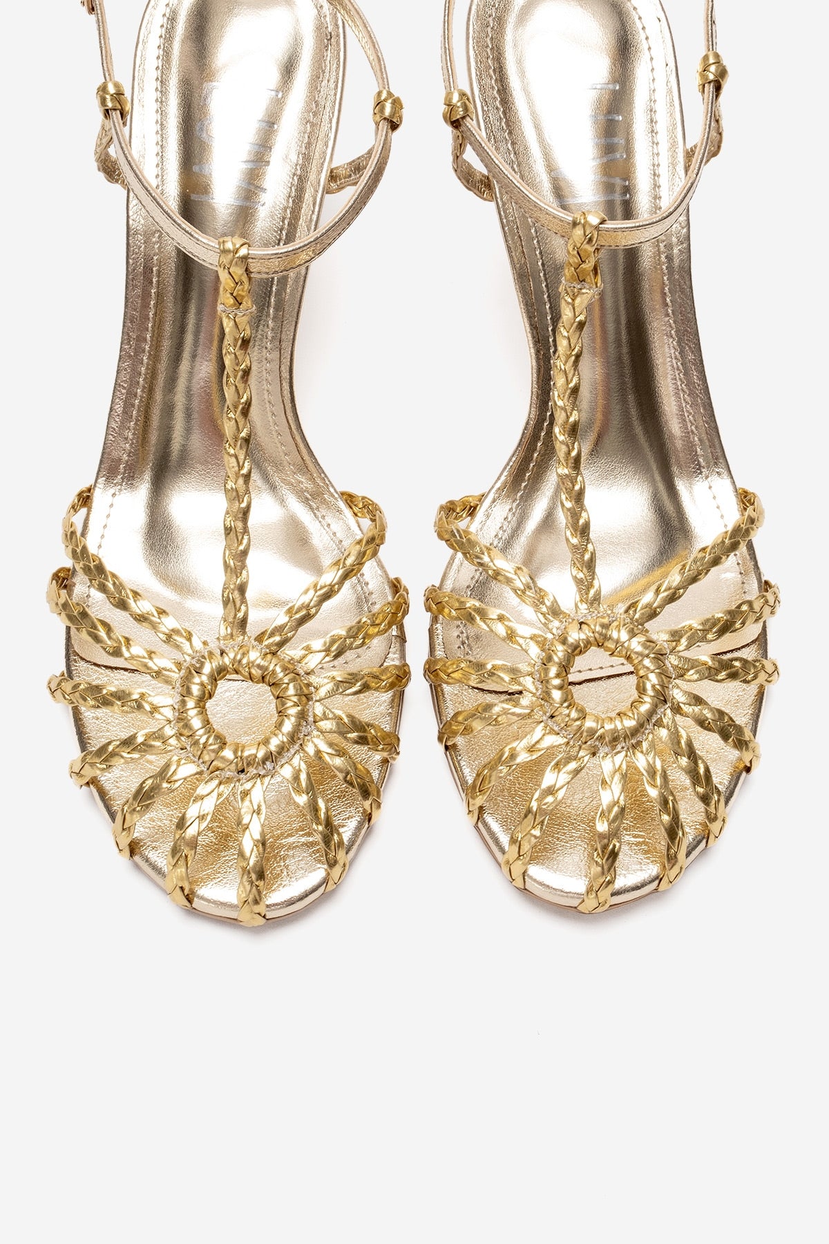 Gerald - Gold Genuine Leather Woven Strap Stiletto Pump – side view showing leather, gold, SimmiUnique