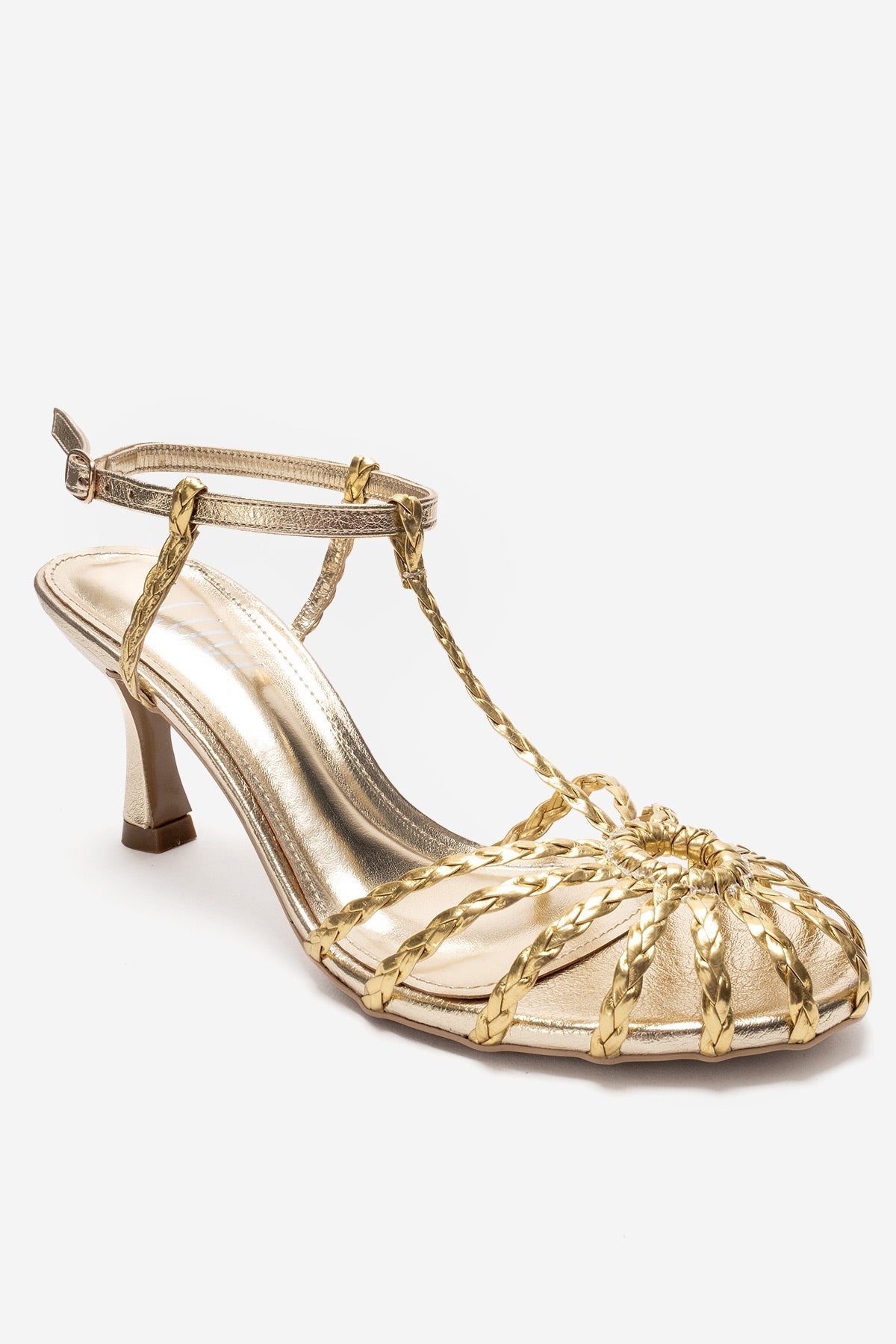 Gerald - Gold Genuine Leather Woven Strap Stiletto Pump – detail view showing leather, gold, SimmiUnique