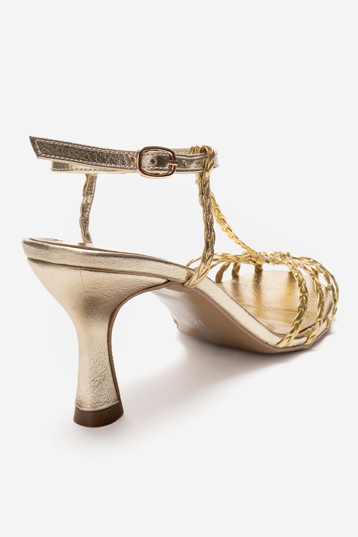 Gerald - Gold Genuine Leather Woven Strap Stiletto Pump – back view showing leather, gold, SimmiUnique