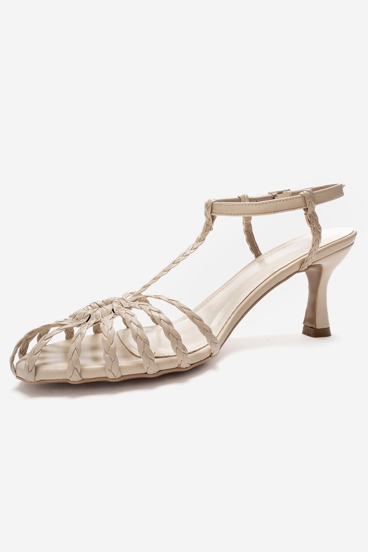 Gerald - Beige Genuine Leather Woven Strap Stiletto Pump – heel view showing leather, SimmiUnique
