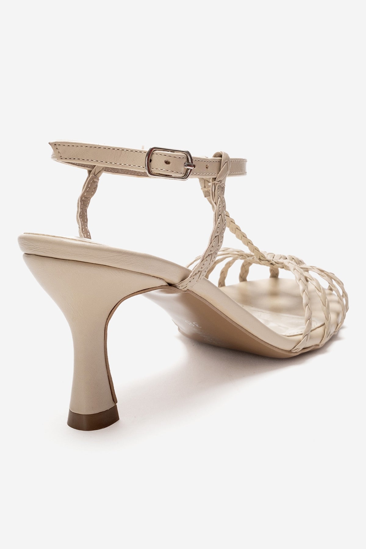 Gerald - Beige Genuine Leather Woven Strap Stiletto Pump – back view showing leather, SimmiUnique