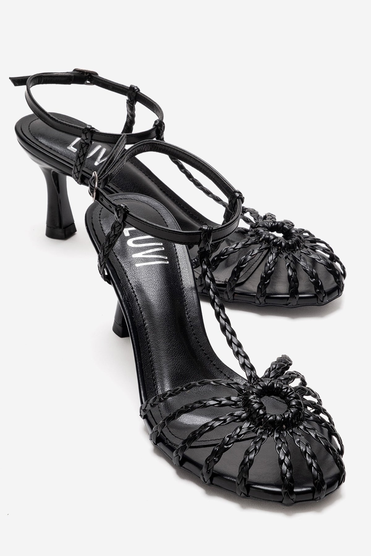 Gerald - Black Genuine Leather Woven Strap Stiletto Pump – front three-quarter view showing leather, black, SimmiUnique