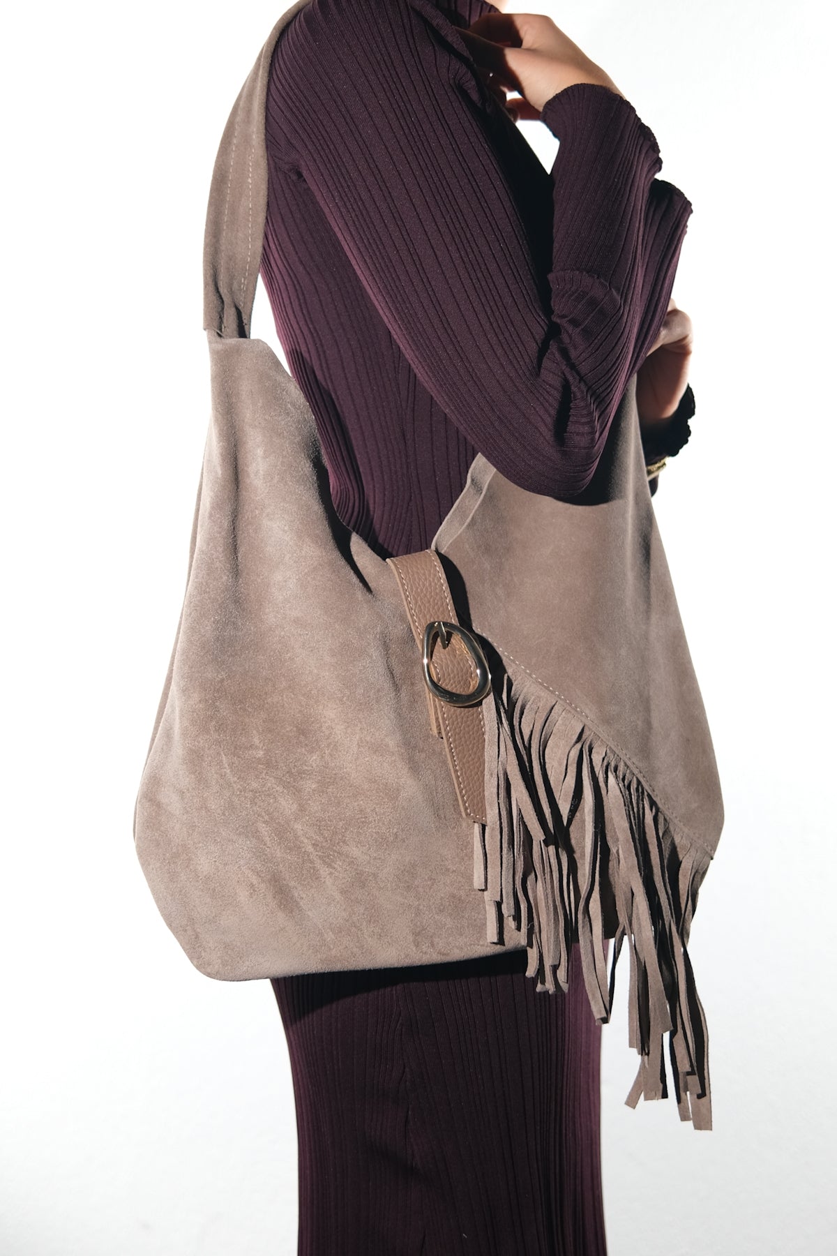 NOCHE - Taupe Genuine Suede Leather Tassel Shoulder Bag – detail view showing leather, suede, SimmiUnique