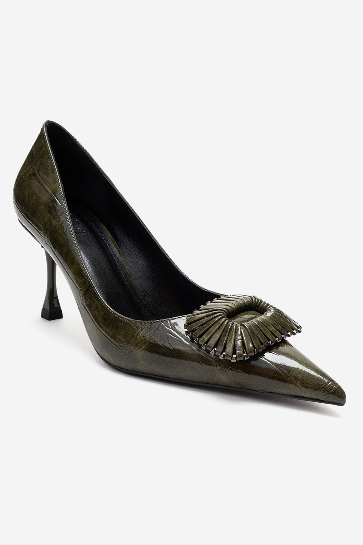 REBEL - Green Stiletto Pump – detail view showing leather, green, SimmiUnique