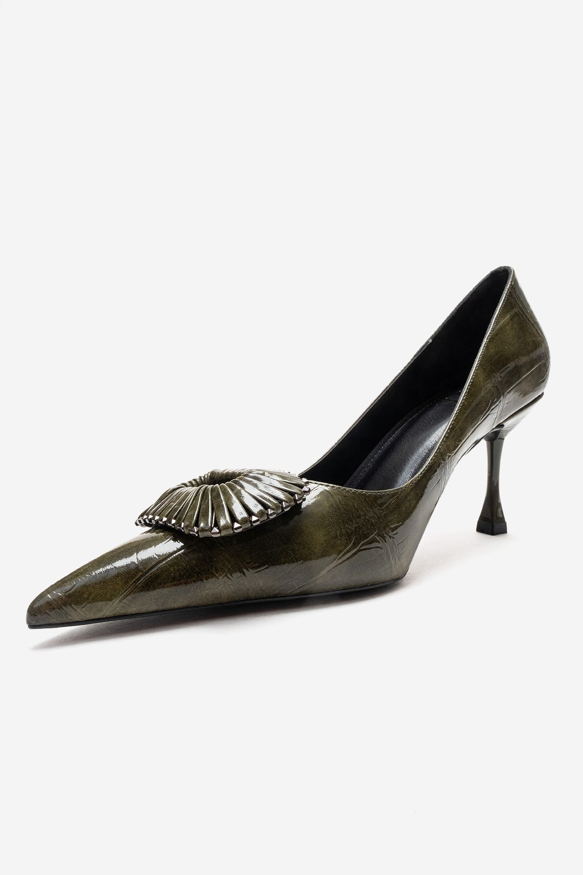 REBEL - Green Stiletto Pump – top view showing leather, green, SimmiUnique