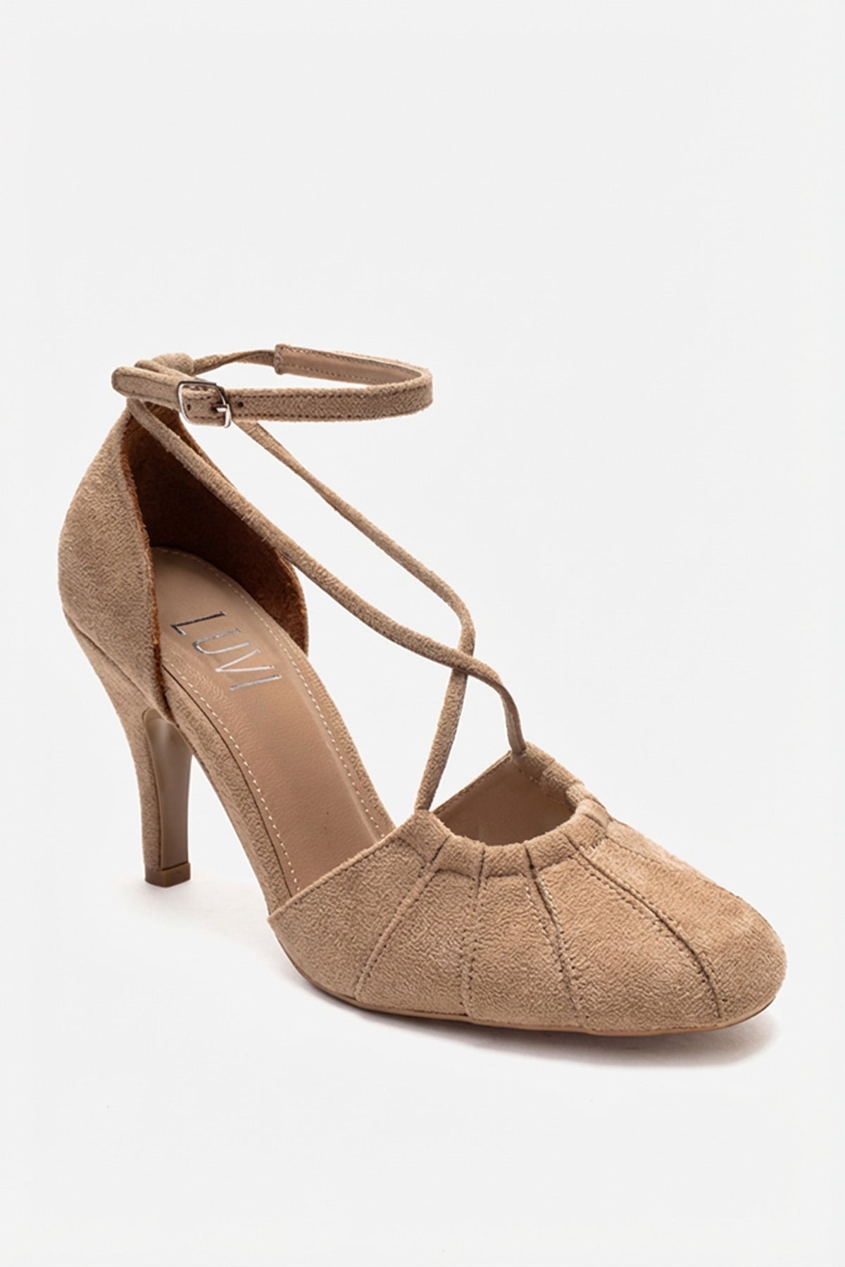 ELIZA - Beige Genuine Leather Stiletto Pump – detail view showing leather, suede, SimmiUnique