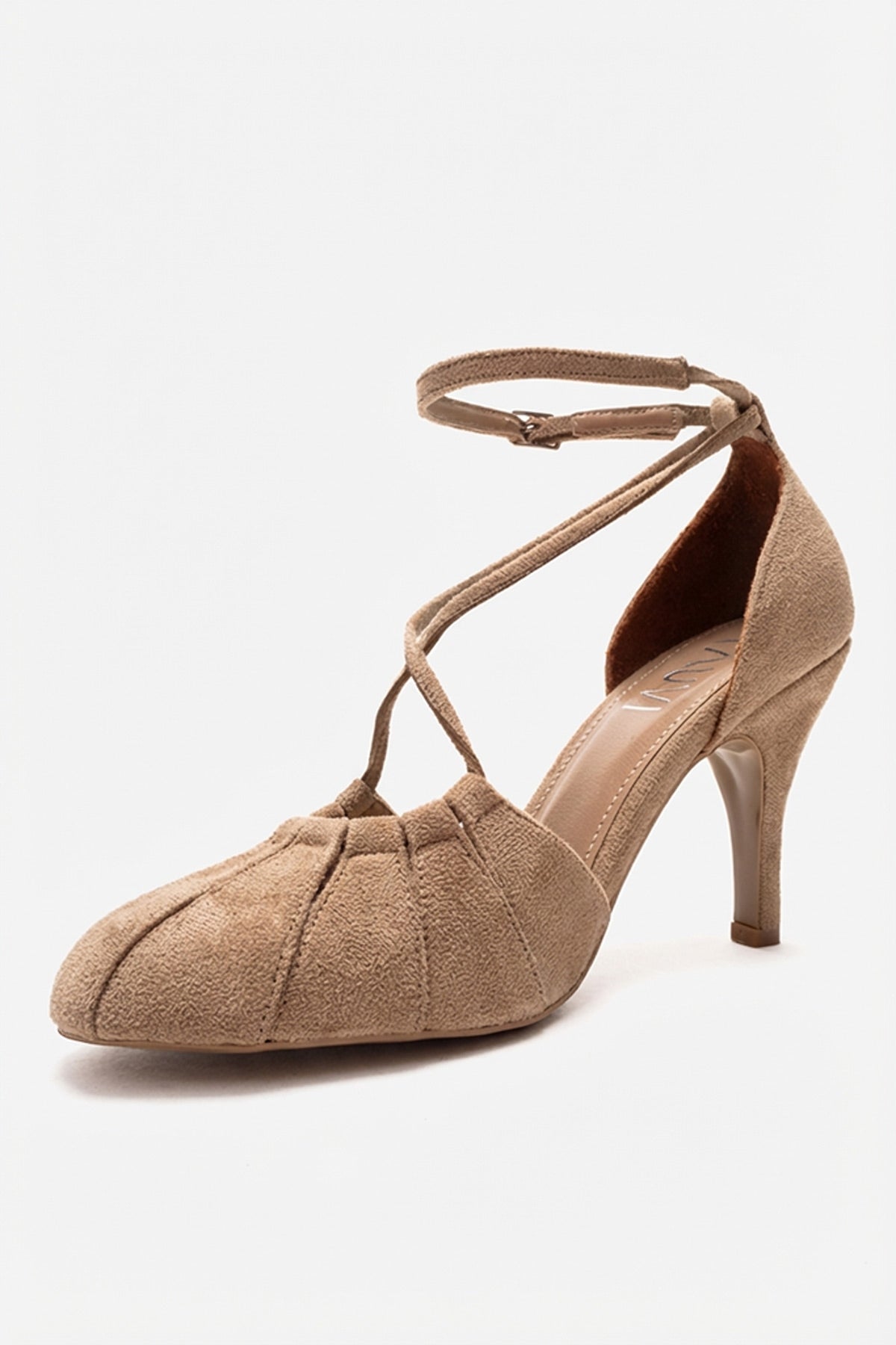 ELIZA - Beige Genuine Leather Stiletto Pump – heel view showing leather, suede, SimmiUnique