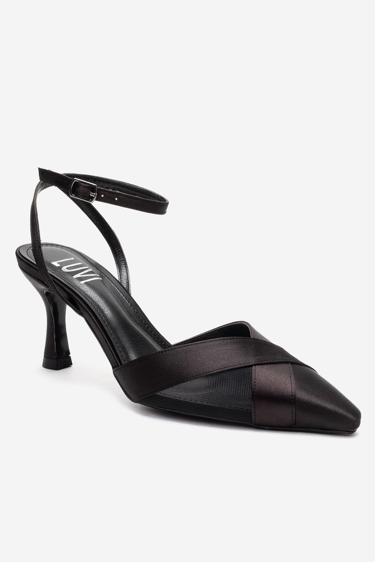ESTELA - Black Genuine Leather Stiletto Pump – detail view showing satin, leather, mesh, SimmiUnique
