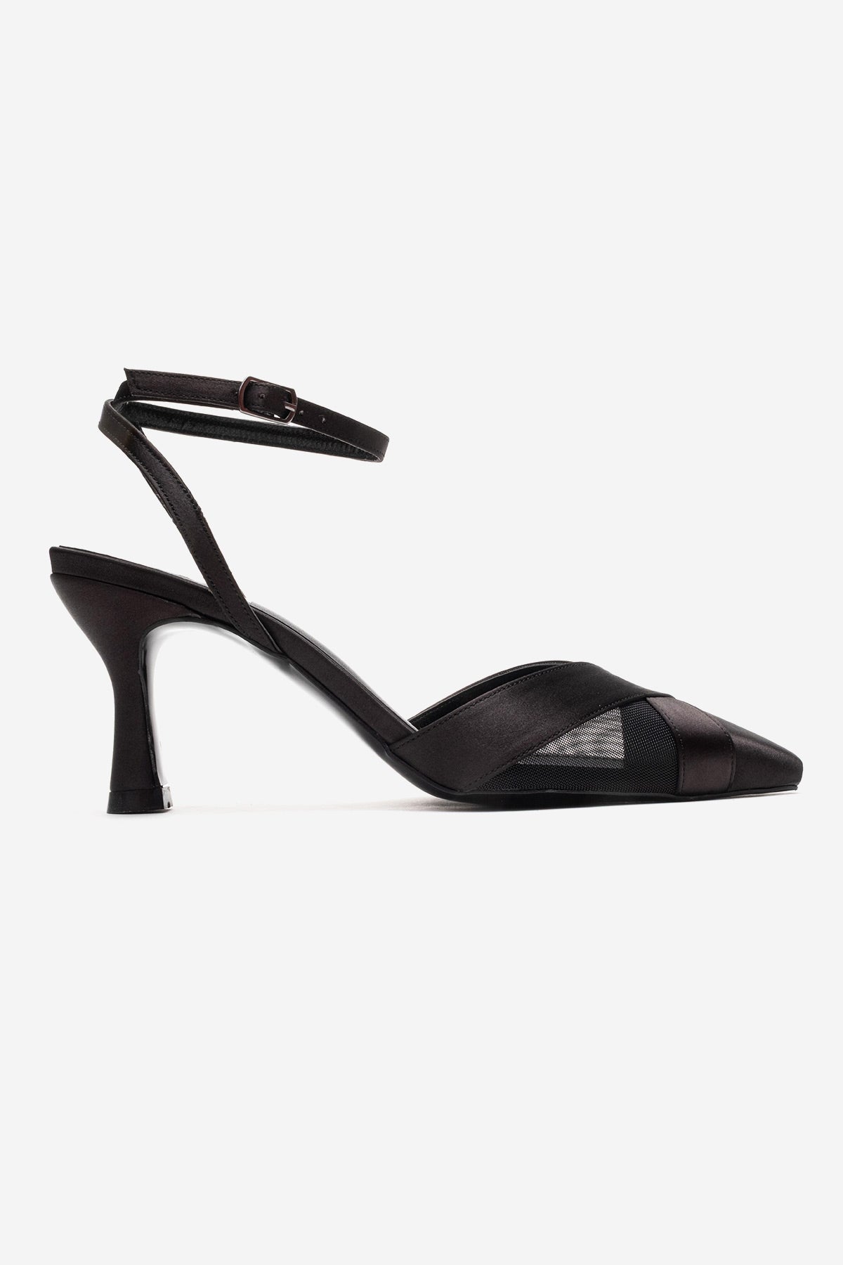 ESTELA - Black Genuine Leather Stiletto Pump – heel view showing satin, leather, mesh, SimmiUnique