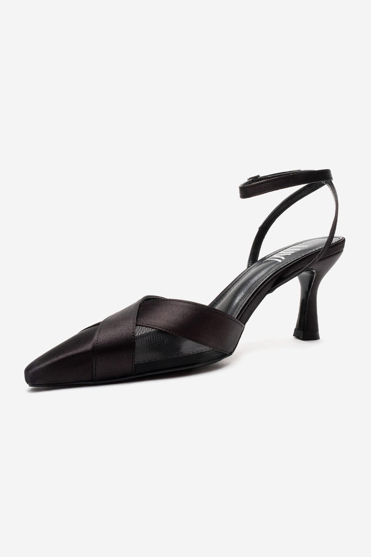 ESTELA - Black Genuine Leather Stiletto Pump – top view showing satin, leather, mesh, SimmiUnique