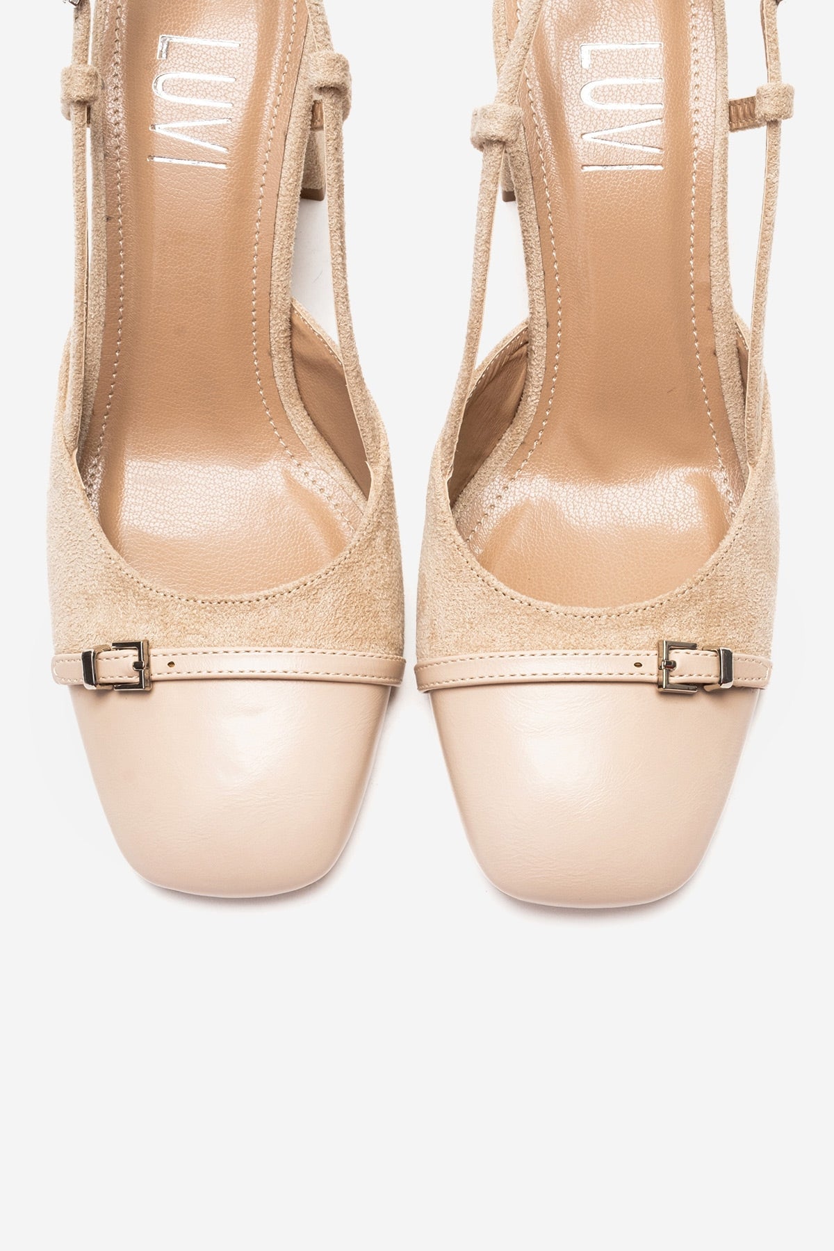 DESIA - Beige Block Heel Shoe – side view showing leather, suede, SimmiUnique