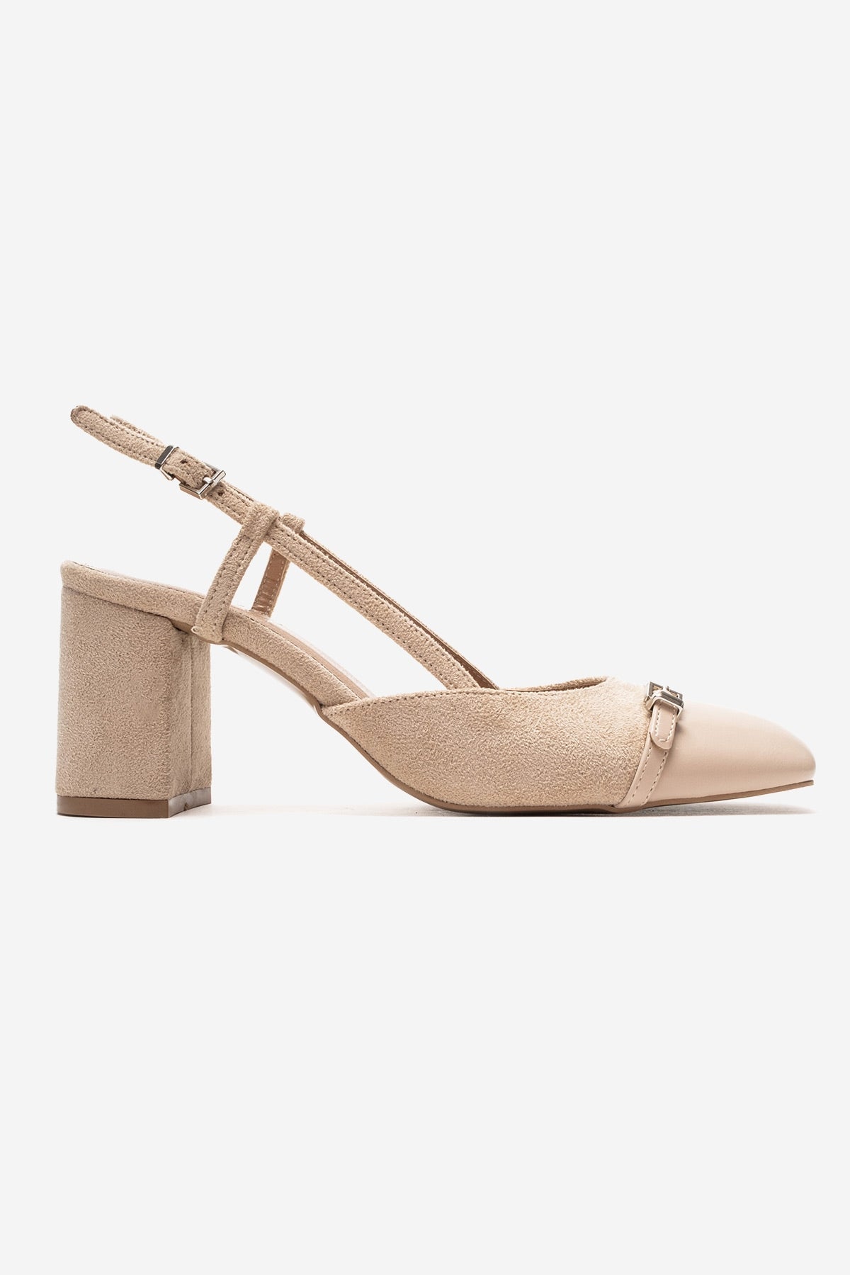 DESIA - Beige Block Heel Shoe – heel view showing leather, suede, SimmiUnique