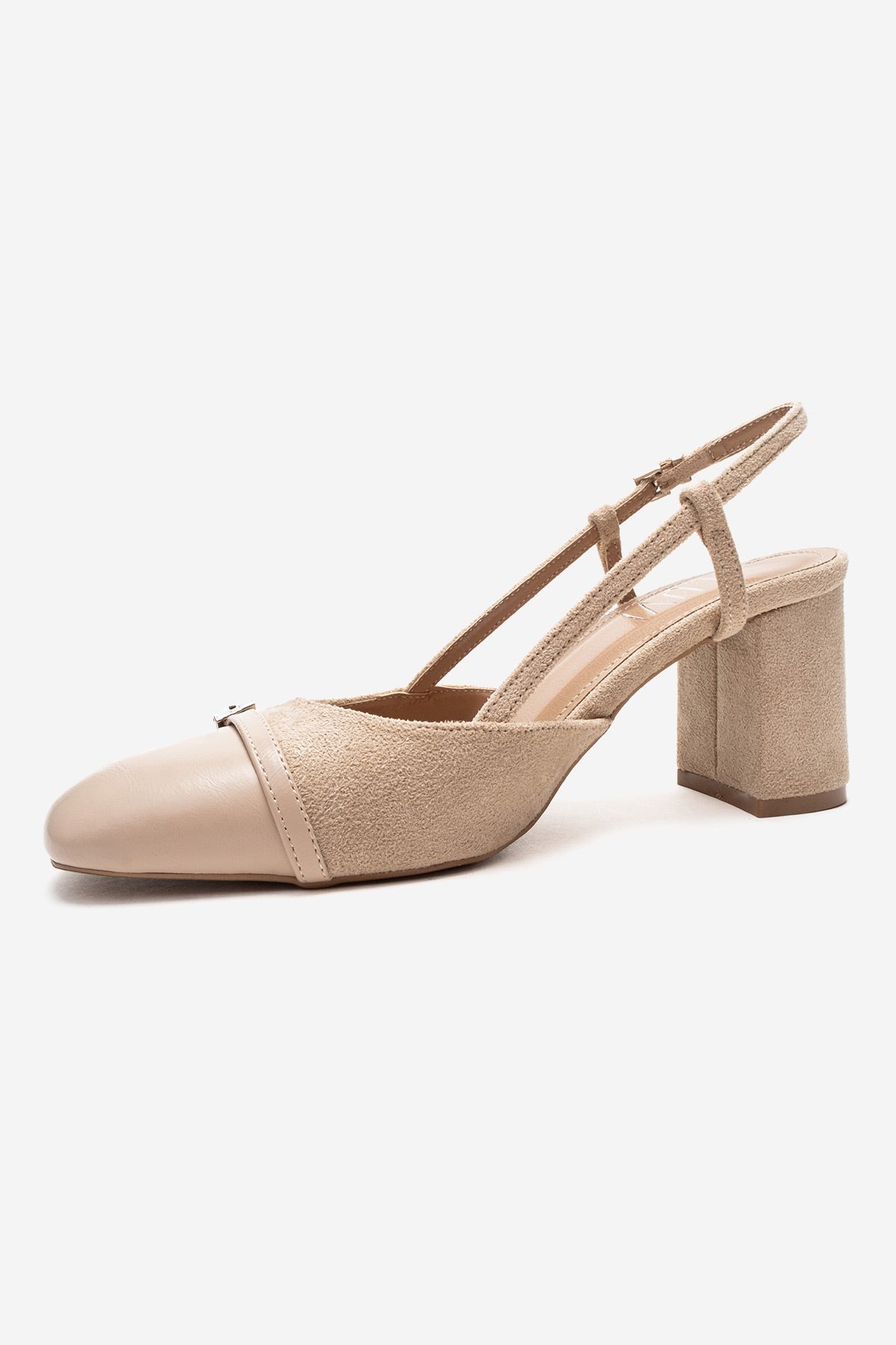 DESIA - Beige Block Heel Shoe – top view showing leather, suede, SimmiUnique