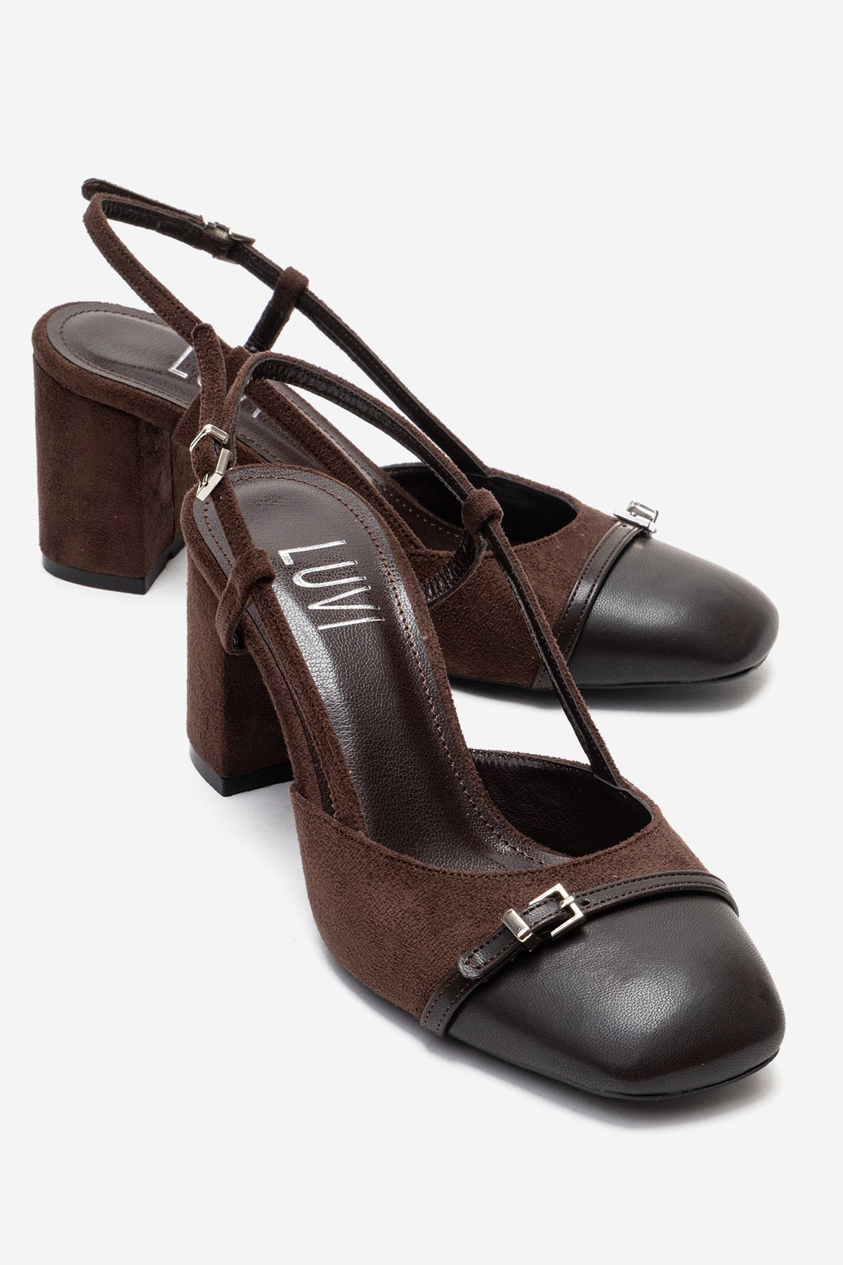 DESIA - Brown Block Heel Shoe – front three-quarter view showing leather, suede, red, SimmiUnique