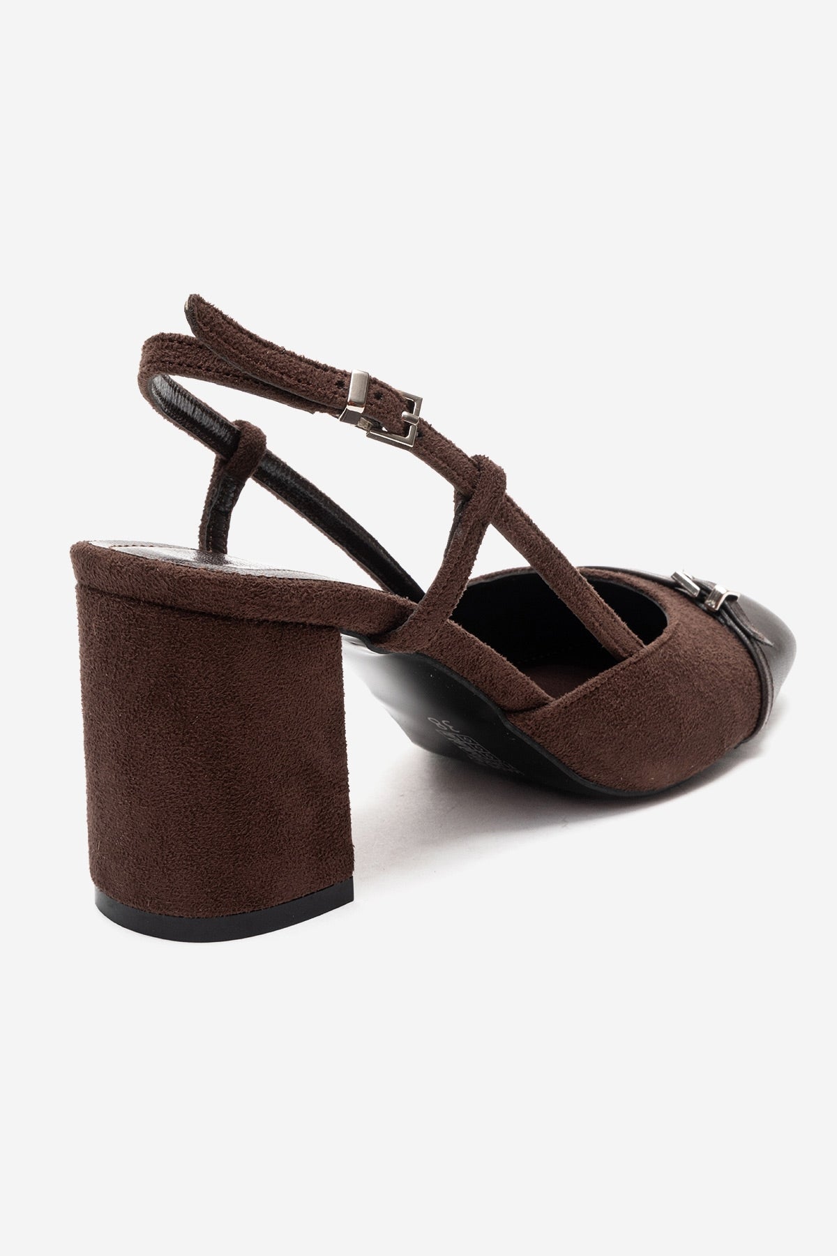 DESIA - Brown Block Heel Shoe – back view showing leather, suede, red, SimmiUnique