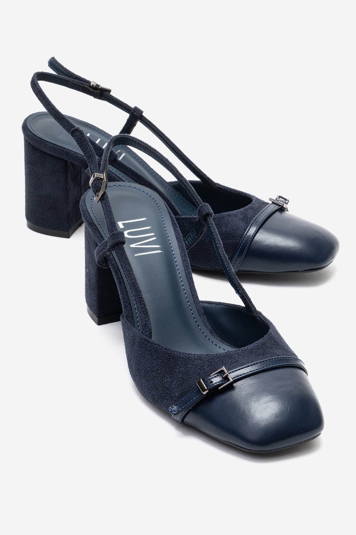 DESIA - Navy Block Heel Shoe – front three-quarter view showing leather, suede, SimmiUnique