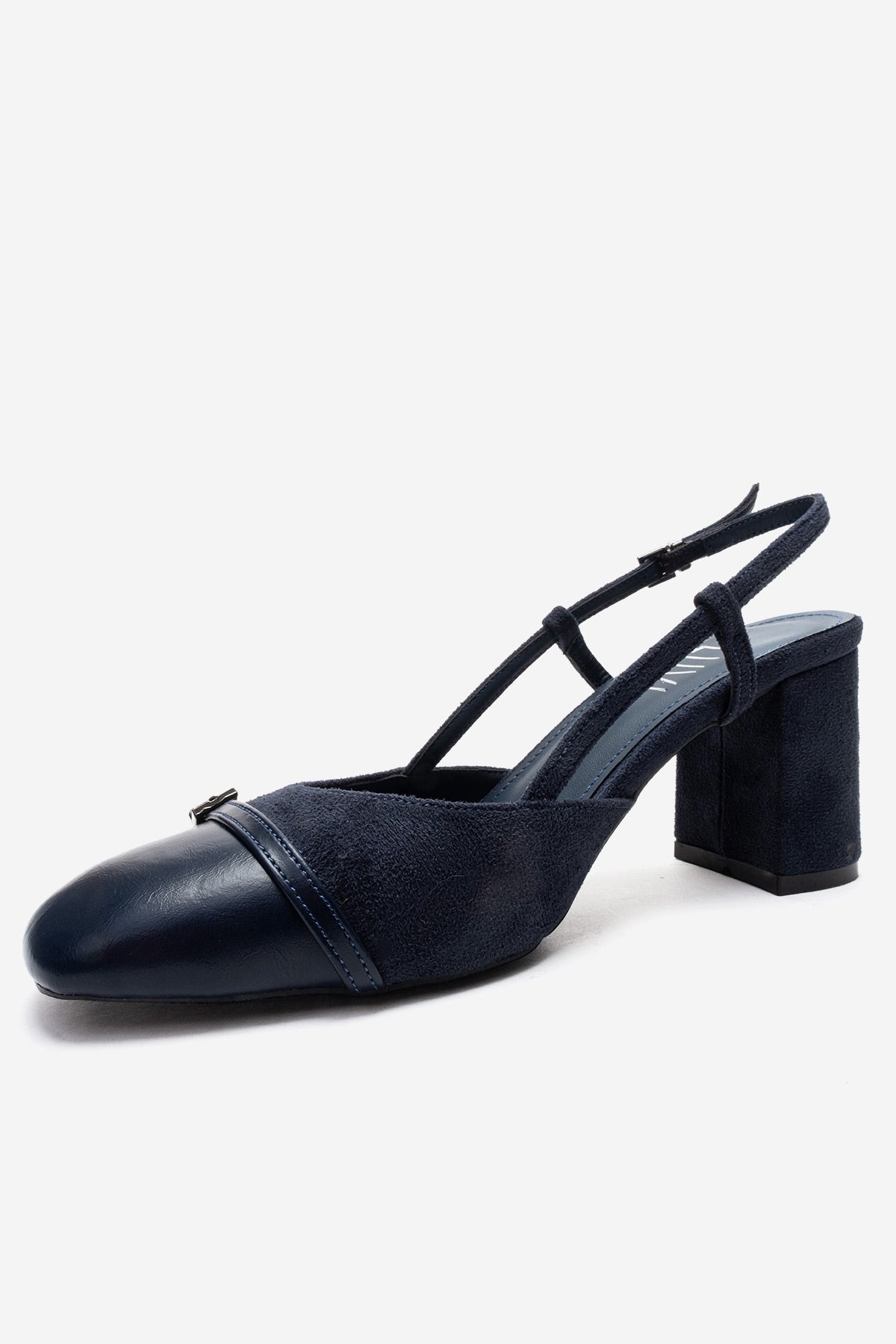 DESIA - Navy Block Heel Shoe – top view showing leather, suede, SimmiUnique