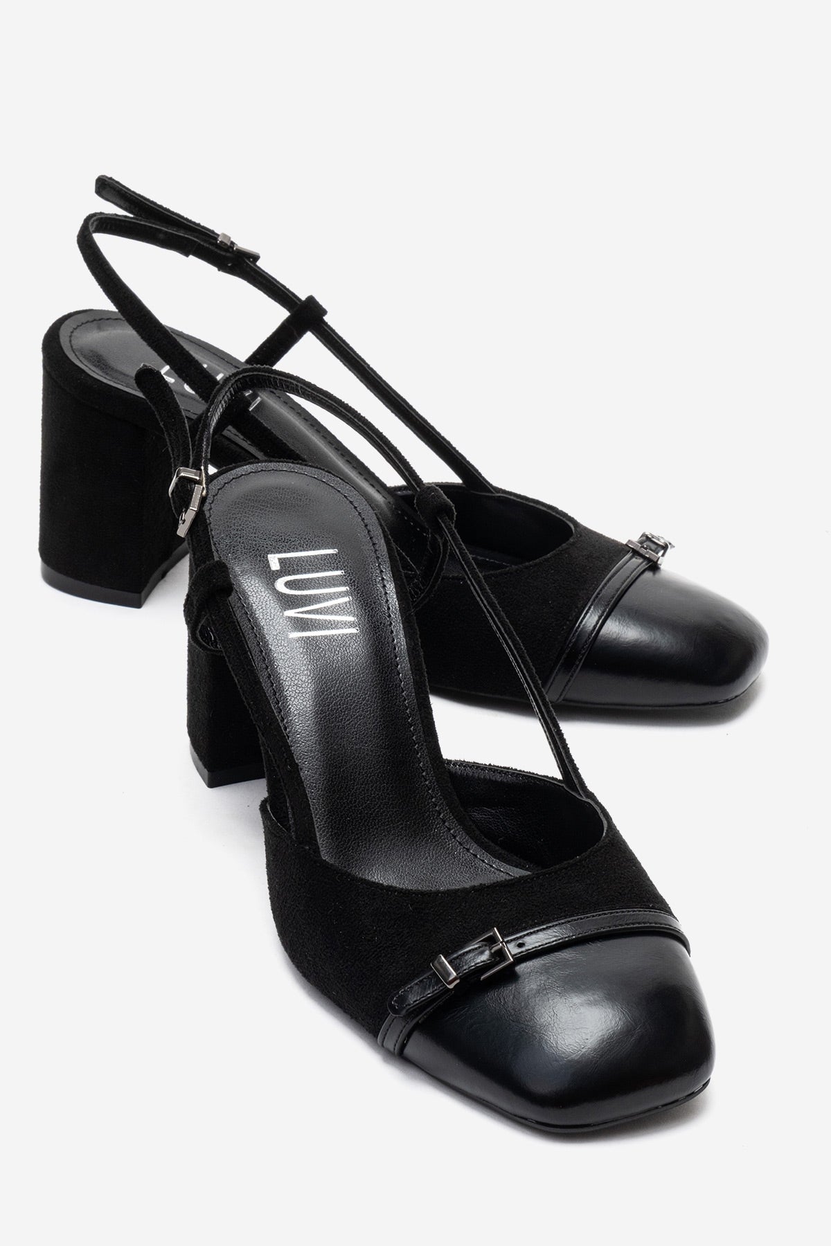 DESIA - Black Block Heel Shoe – front three-quarter view showing leather, suede, black, SimmiUnique