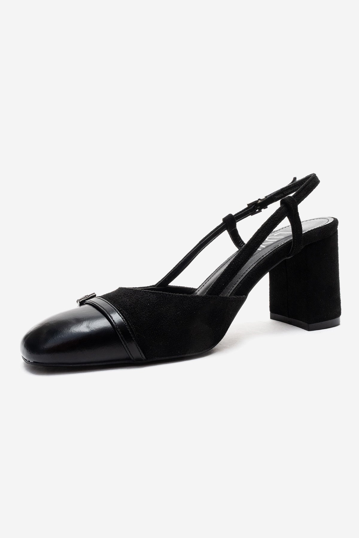 DESIA - Black Block Heel Shoe – top view showing leather, suede, black, SimmiUnique