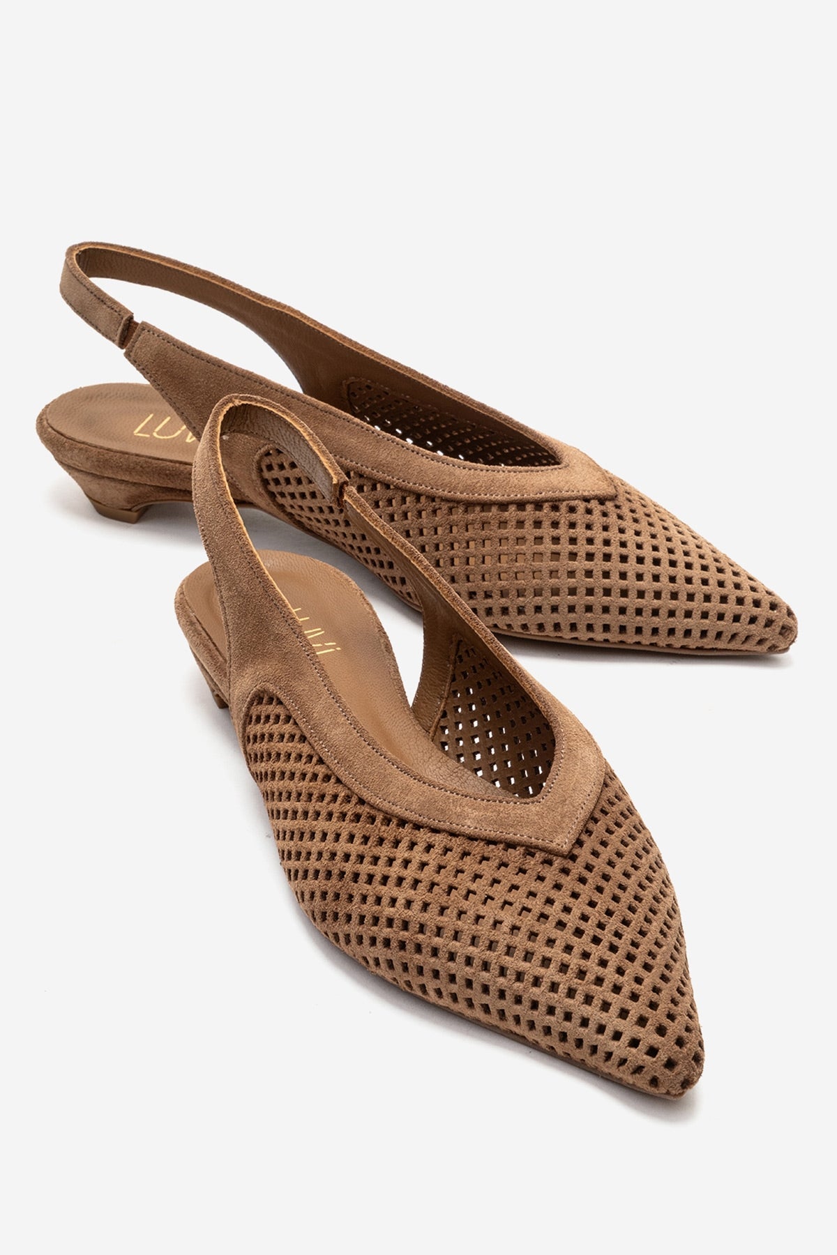 LIEVE - Taupe Genuine Leather Low Block Heel Shoe – front three-quarter view showing leather, suede, SimmiUnique