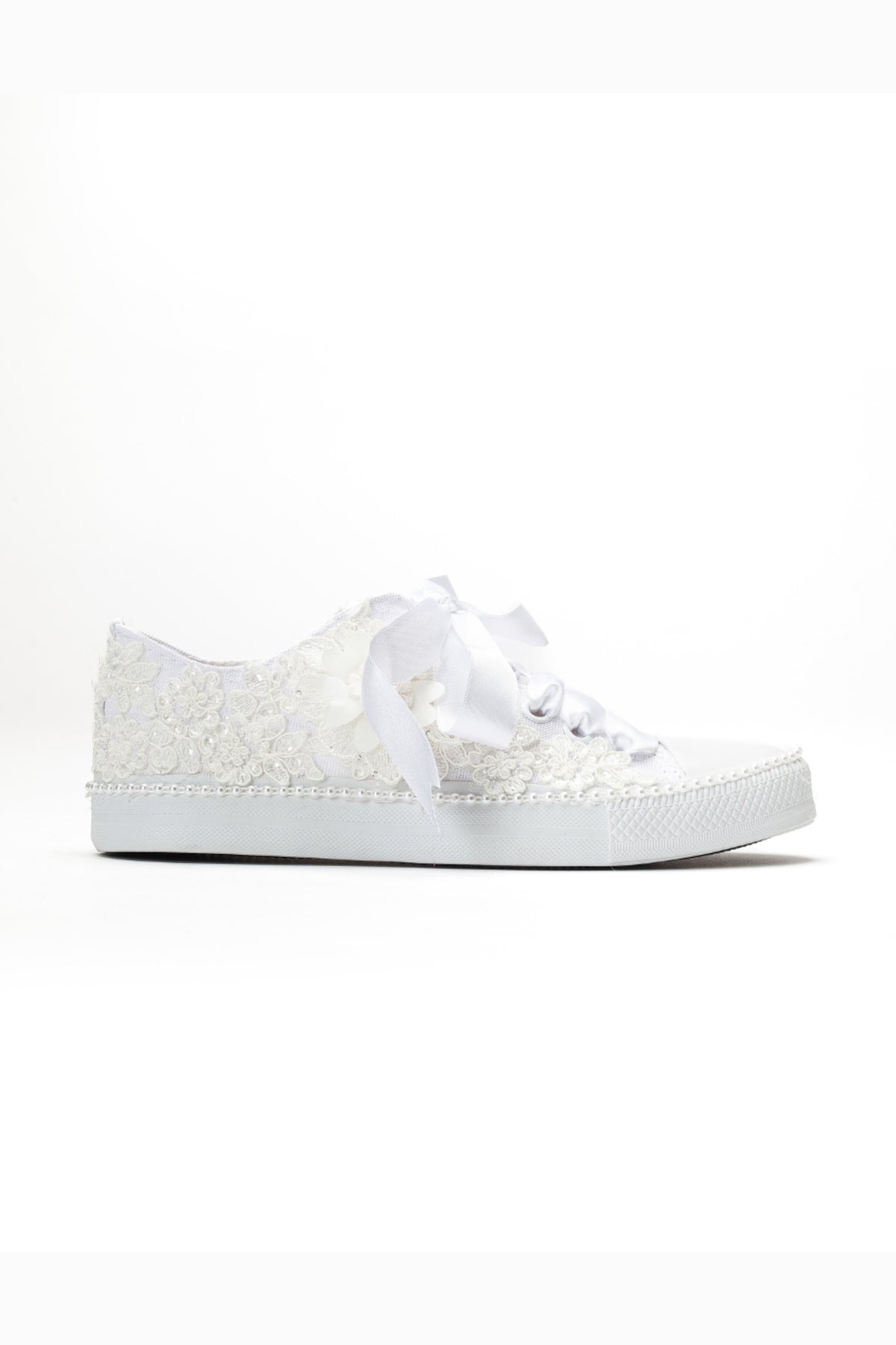 Marvelle Pearl Lace Bridal Sneaker – side view showing pearl, lace, satin, SimmiUnique