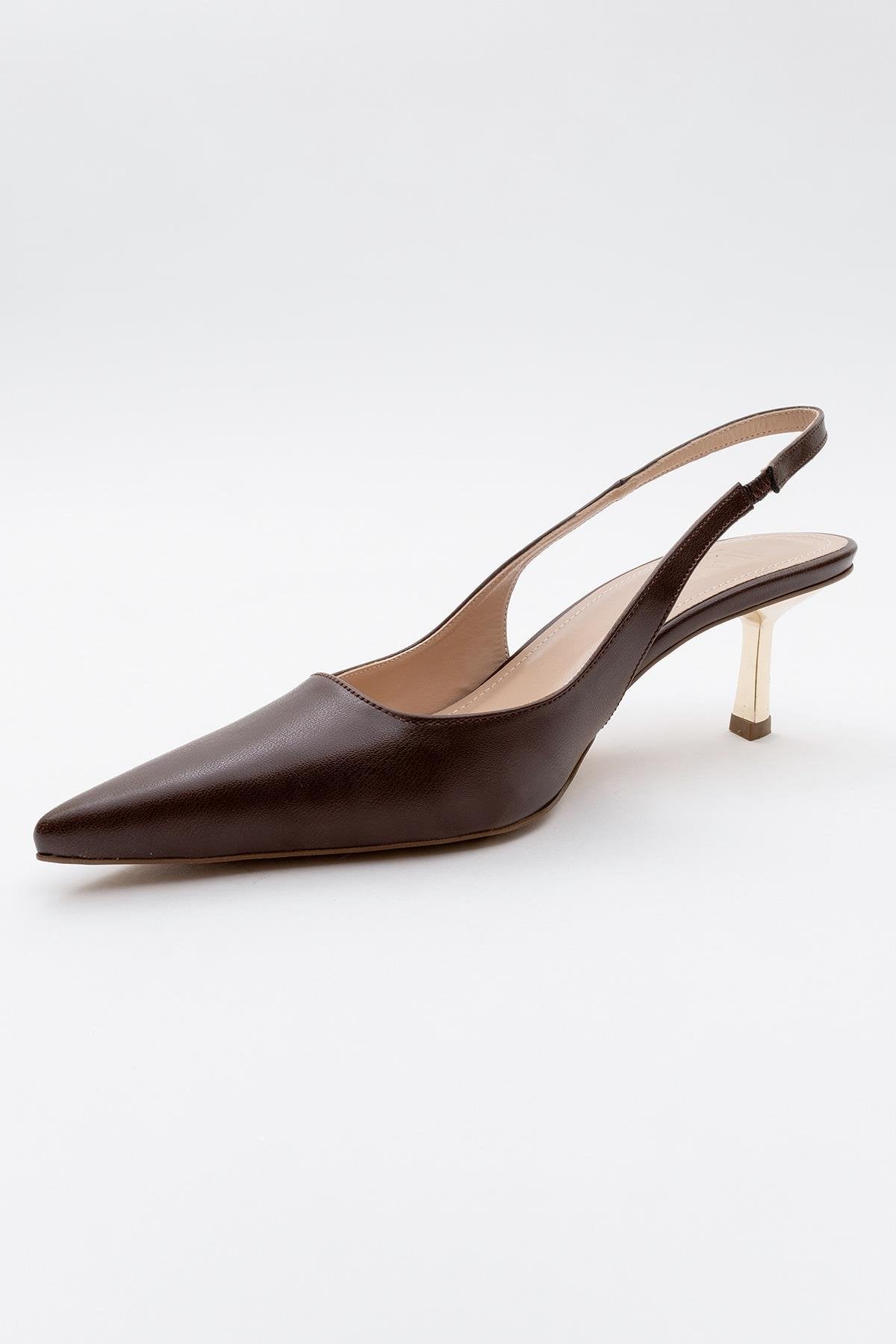 Marten - Brown Pointed Toe Backless Stiletto – detail view showing leather, SimmiUnique