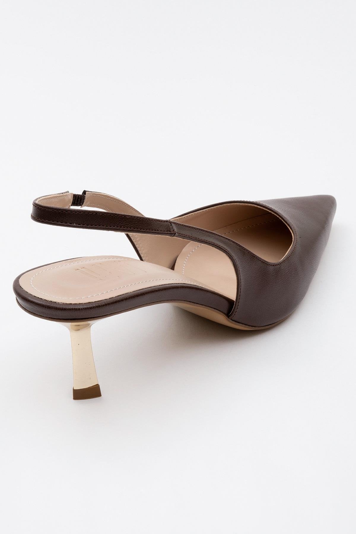 Marten - Brown Pointed Toe Backless Stiletto – heel view showing leather, SimmiUnique