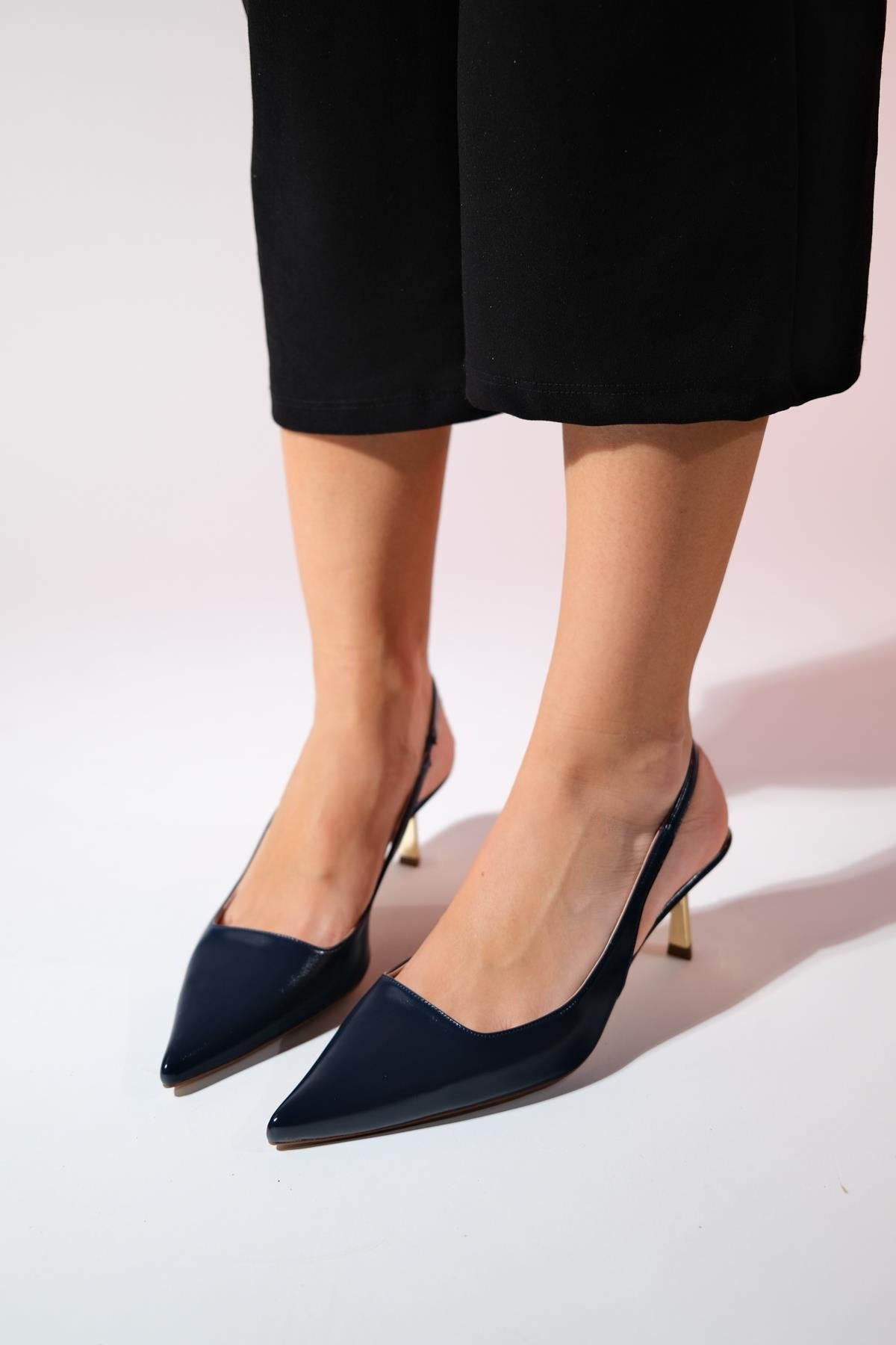 Marten - Navy Pointed Toe Backless Stiletto – detail view showing leather, SimmiUnique