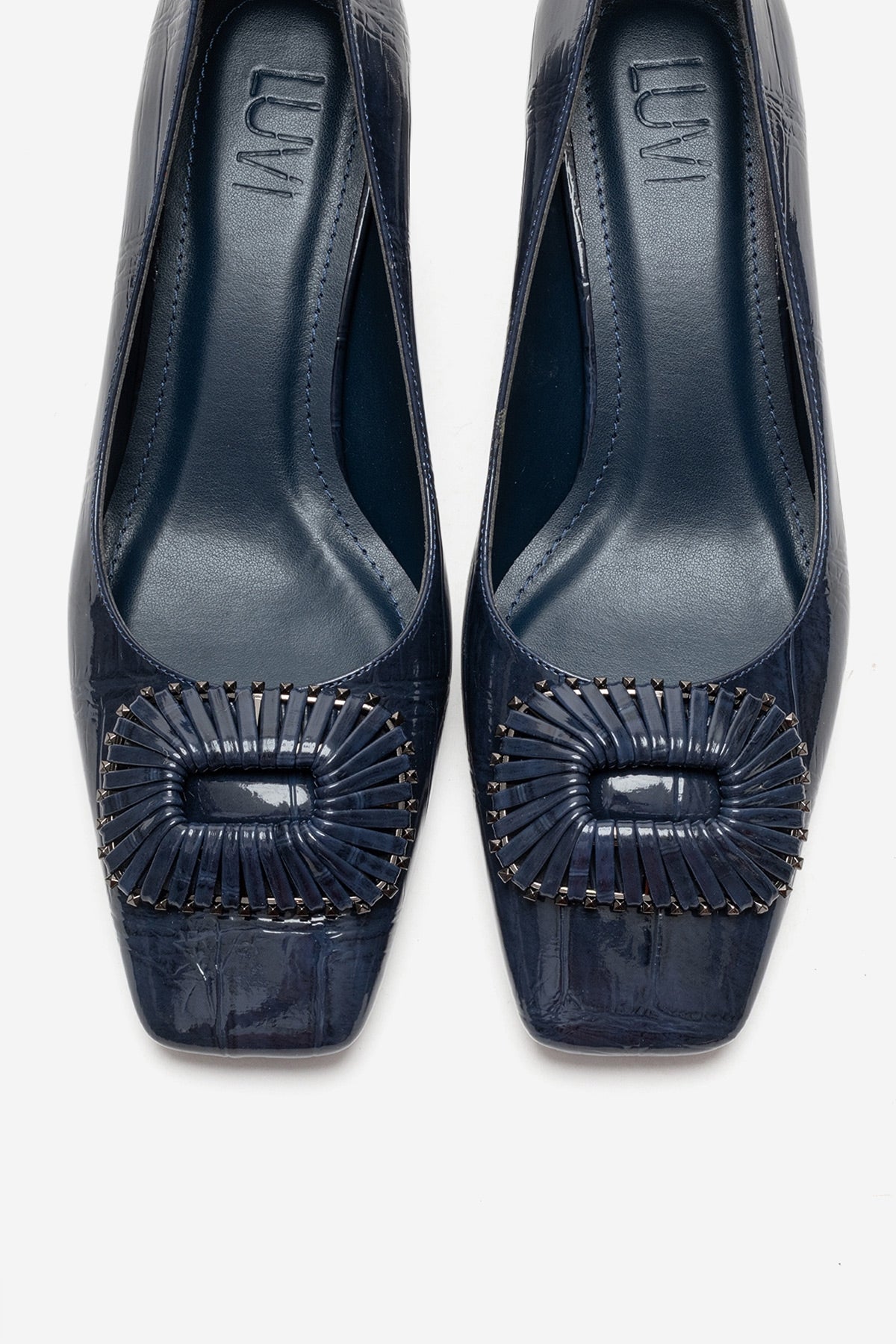 VELORA - Navy Buckled Block Heel Shoe – side view showing leather, SimmiUnique